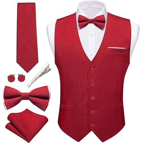 Barry.Wang Mens Suit Vest Linen Formal/Casual V-neck Waistcoat Tie Bow Tie Set Solid Color 6PC Wedding Party Tuxedo