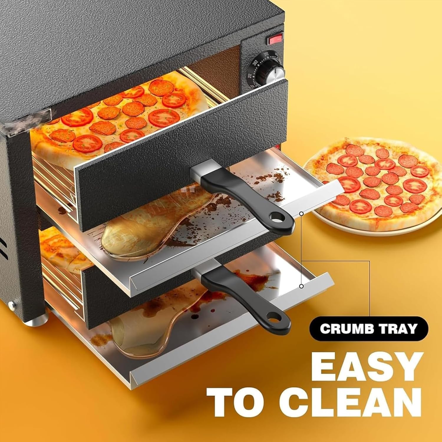 Electric Pizza Oven, 2200W Commercial Pizza Maker with Pizza Stone, Timer, Adjustable Temperature 122-572℉, 2 Tier Countertop Design