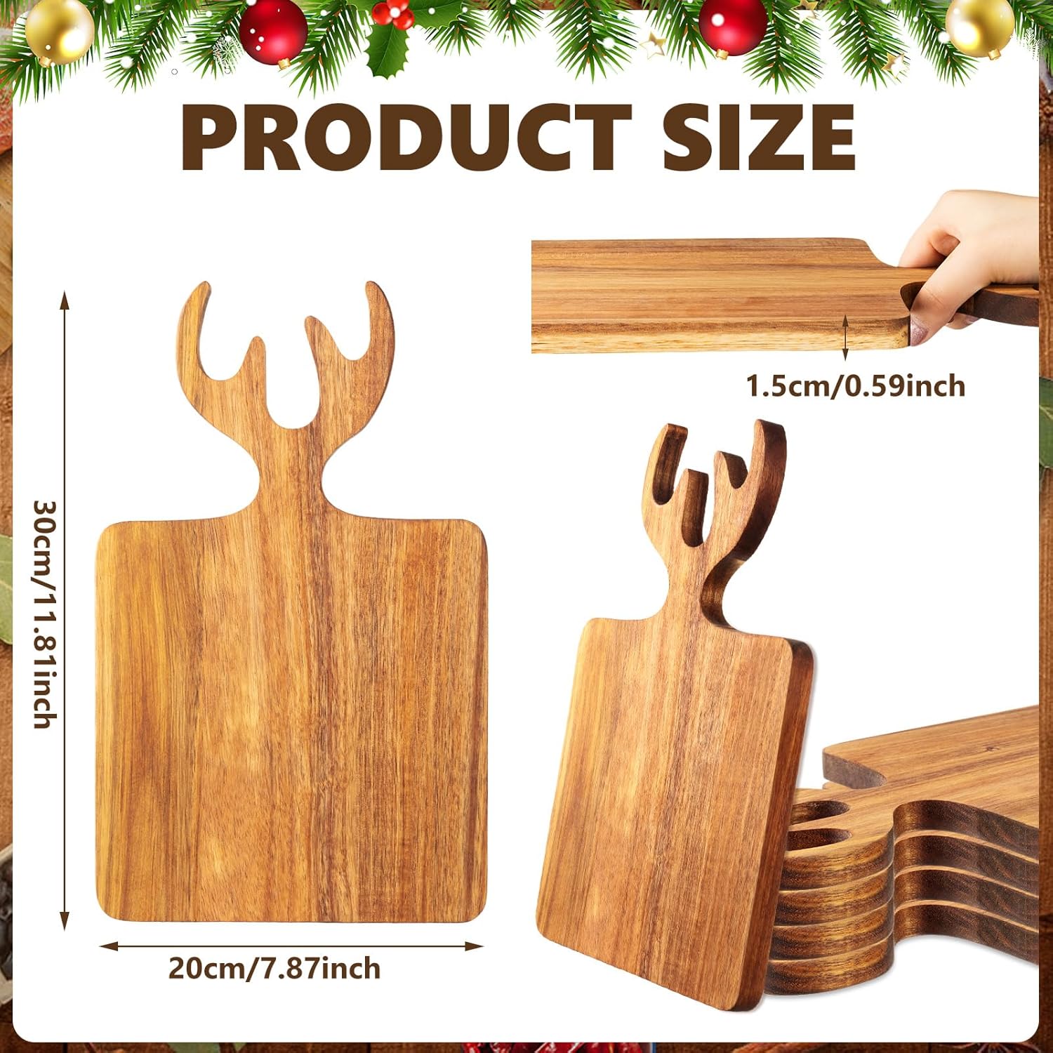 Sliner 4 Pcs Reindeer Christmas Charcuterie Boards Thick Wooden Cutting Boards with Antler Handle Deer Bread Board Cheese Chopping Board for Kitchen Gift Housewarming Wedding(Small)