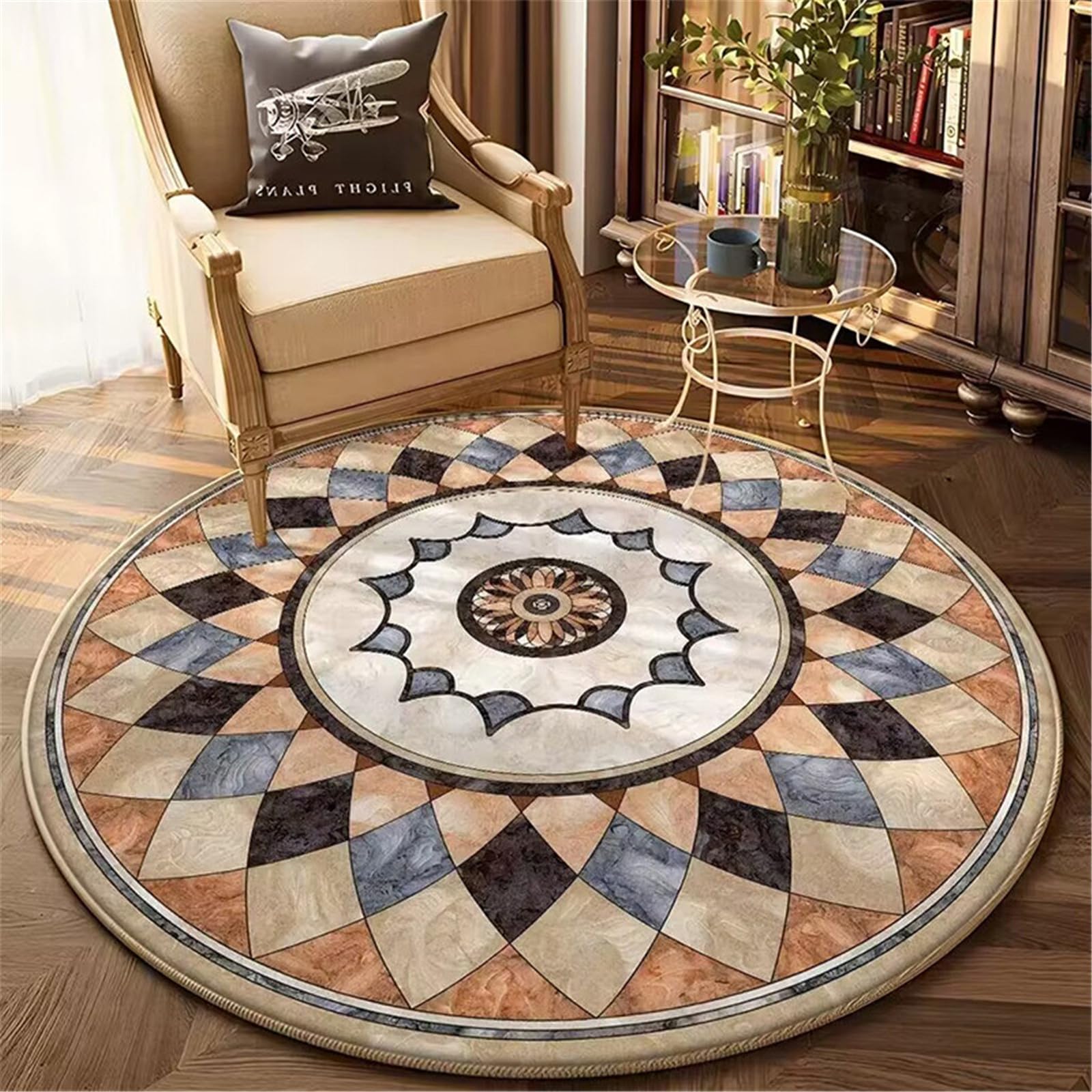 Highdi Alfombra Redonda 60/80/100/120cm, Beige Bohemia Alfombras Redondas Salon Lavable Antideslizante Moderno Alfombra Grande para Habitación Dormitorio Cocina Oficina (120cm,Geometría)