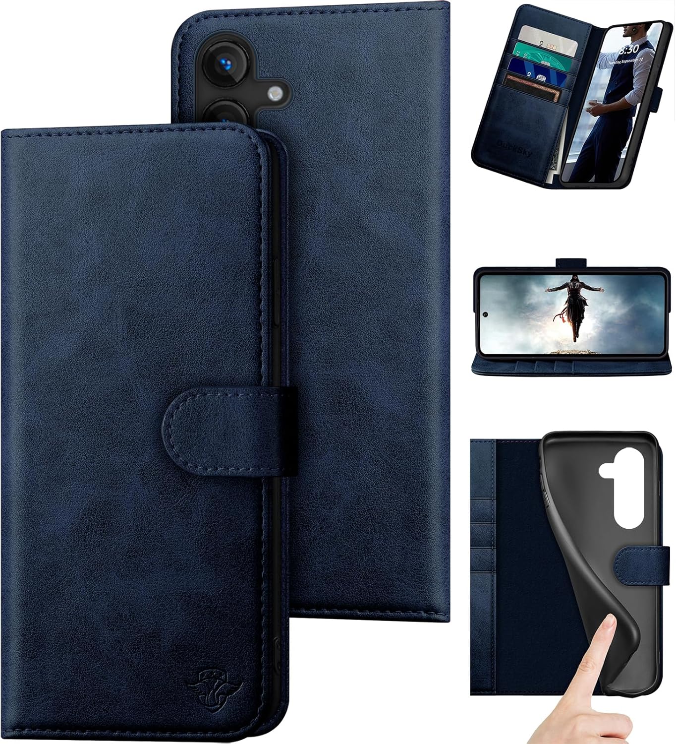 DuckSky for Samsung Galaxy S24 FE Genuine Leather Wallet case【RFID Blocking】【4 Credit Card Holder】【Real Leather】Flip Folio Book Phone case Protective Cover Women Men for Samsung S24 FE case Dark Blue