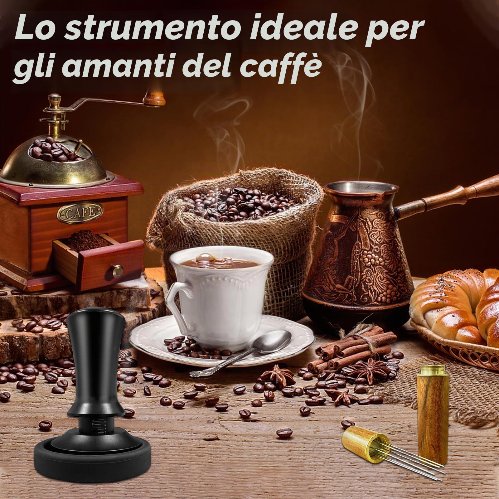 Tamper per caffè 51 mm, Pressino per caffè con Scala Graduata, Tamper per Espresso con wdt Tool, Tamper di caffè in Acciaio Inossidabile, Set di Pressa Caffe e Amanti del caffè