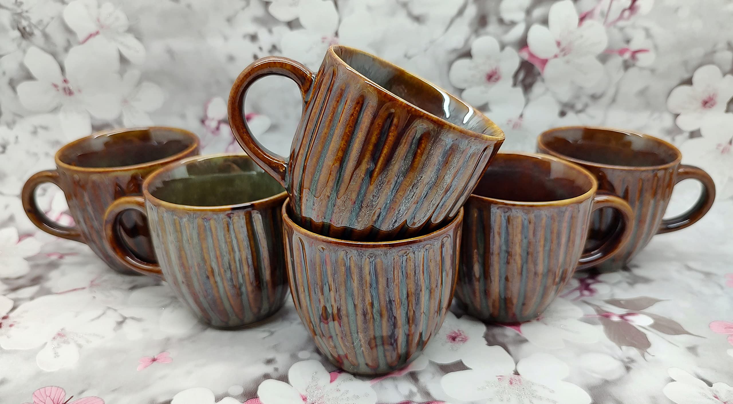 JA Coffee Cup & Tea/Mug Design Handle Big Size150 ML Round Shape Beautiful & Stylist Set of 6 Pieces (Blue & Multicolor)