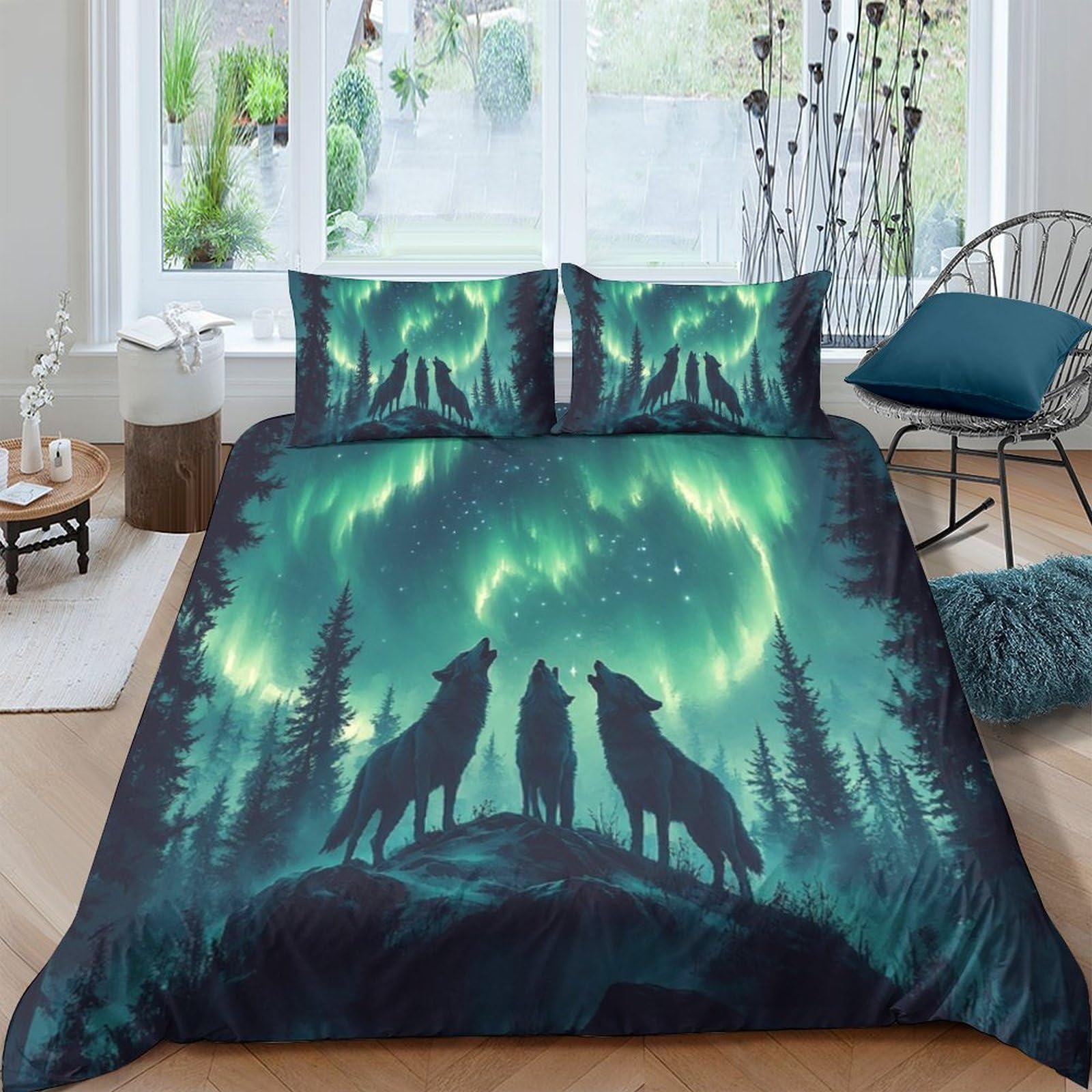 Ctjqhvkz Style-10 3D Printed Aurora Wolf Fitted Sheet Microfiber Soft Breathable Forest Mattress Cover For Bedroom Dorm Home Decor Single（135X200cm）