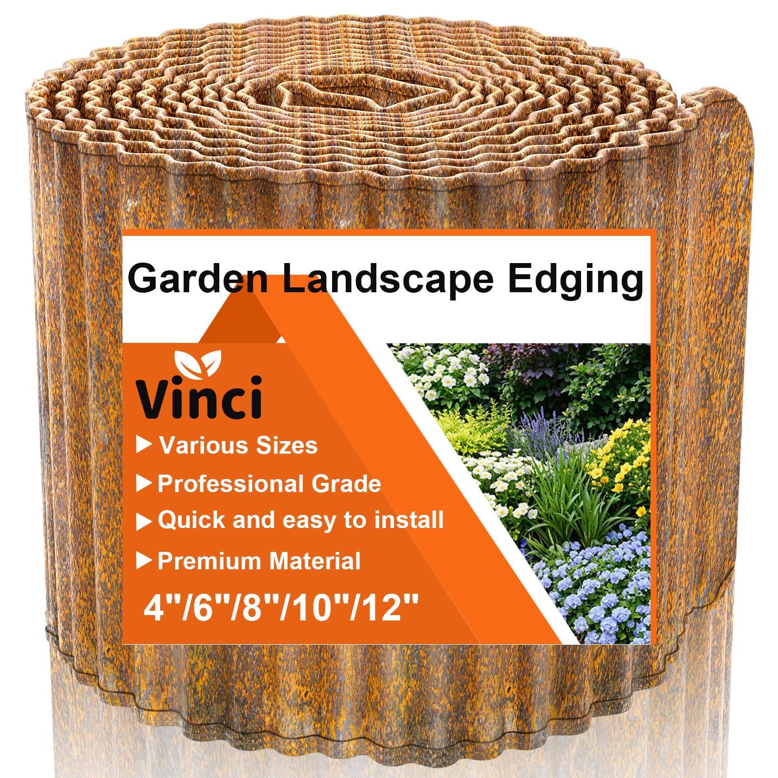 VinciGarden Landscape Edging Border, 6 Inch x 20 FT Corrugated Sturdy Metal Easy Installation Safe Hemmed Lawn Garden Border Edges for DIY Flower Beds,Pathways and Patio Design (Rusted)