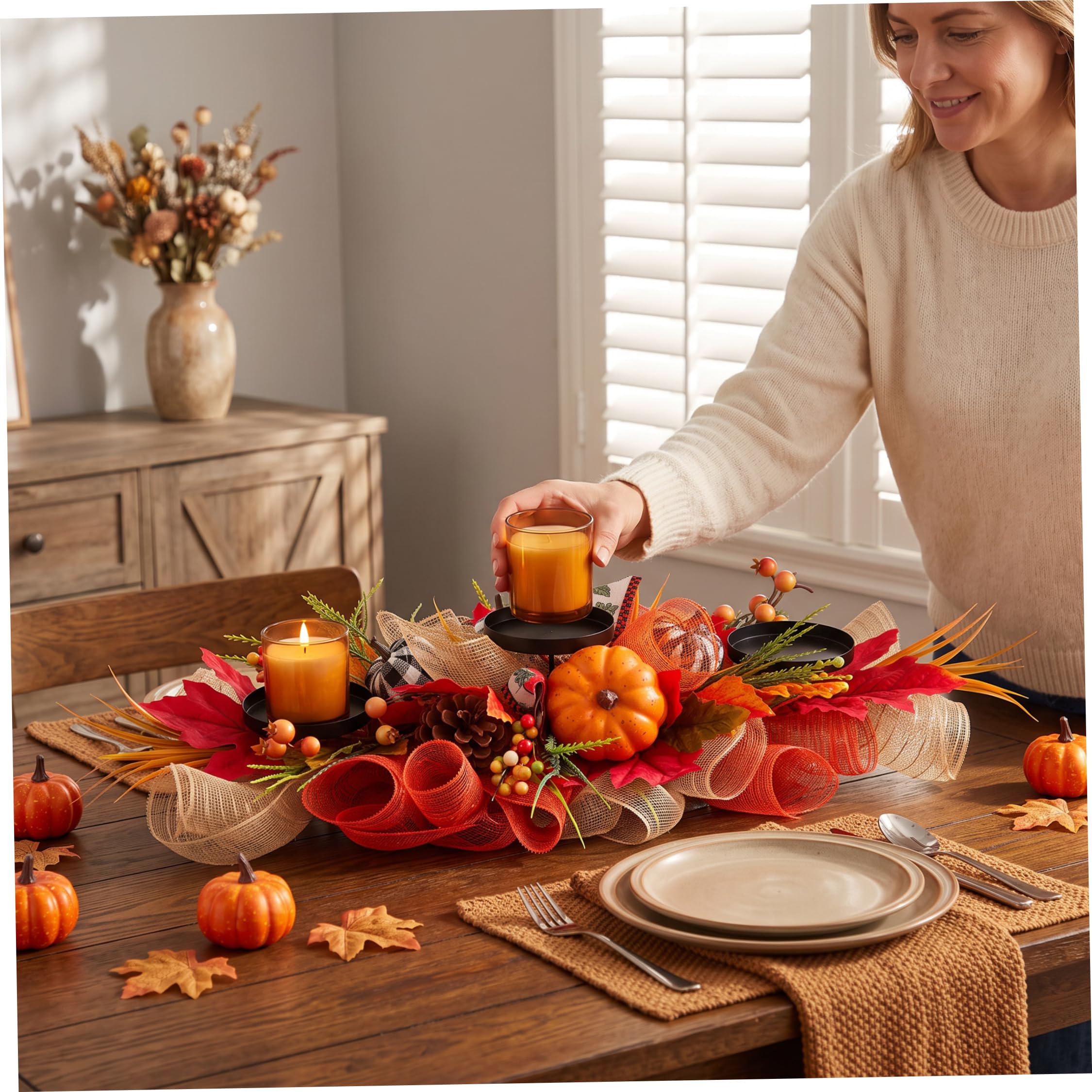 Decorazione da tavola autunnale, portacandele foglia d'acero arancione a 3 candele, 24x12 pollici