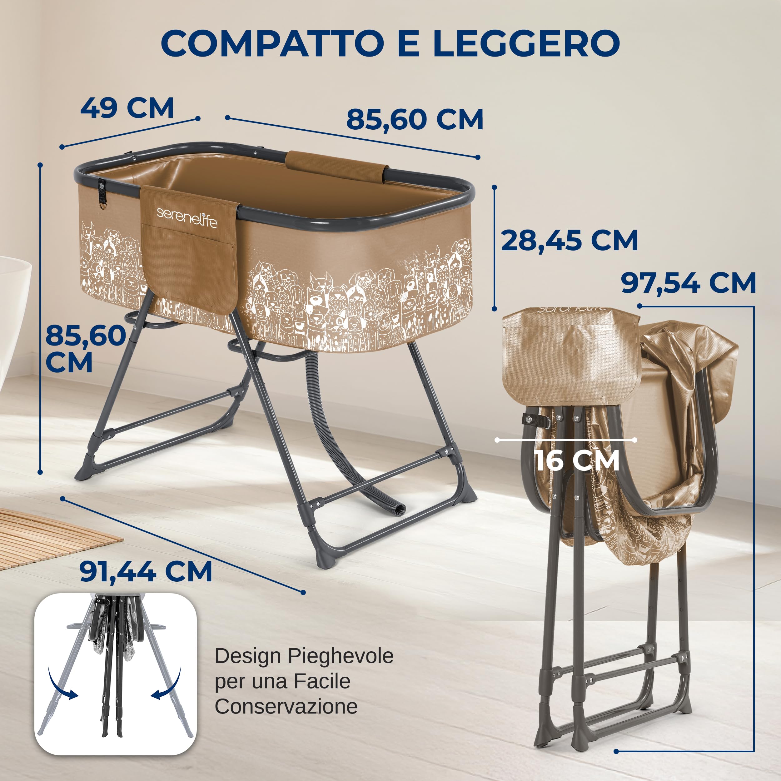 SereneLife Vasca da Bagno Pieghevole per Cani da Interno ed Esterno, Altezza Regolabile 86 cm, Tubo di Scarico e Tasche Portaoggetti, Accessori per Cani, Adatta Anche ad Altri Animali