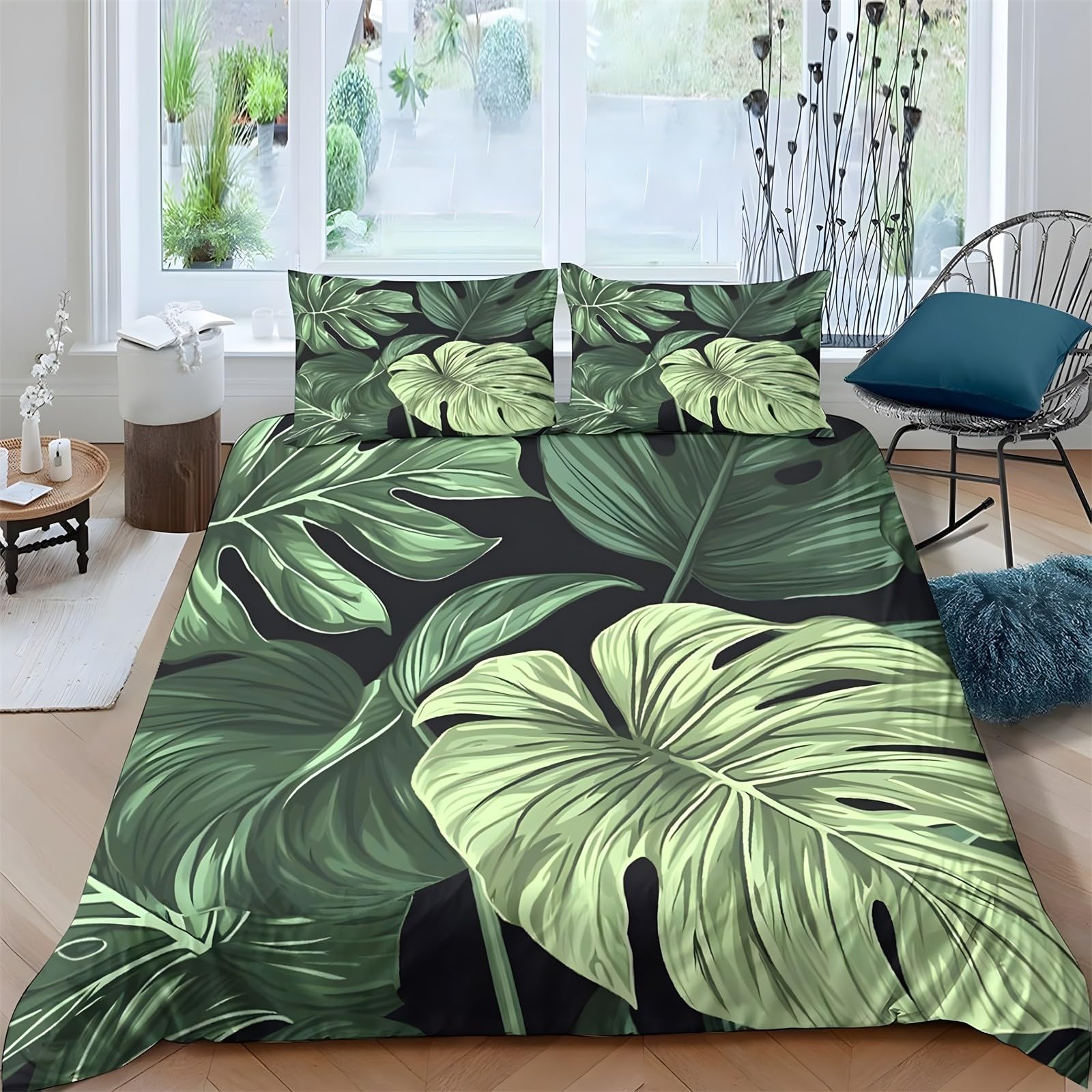 Ypthriline Super King Duvets Set Monstera Leaves Bedding Set Microfiber Green Duvet Covers with Pillowcases Reversible Bedding With Zipper Closure 260x220CM