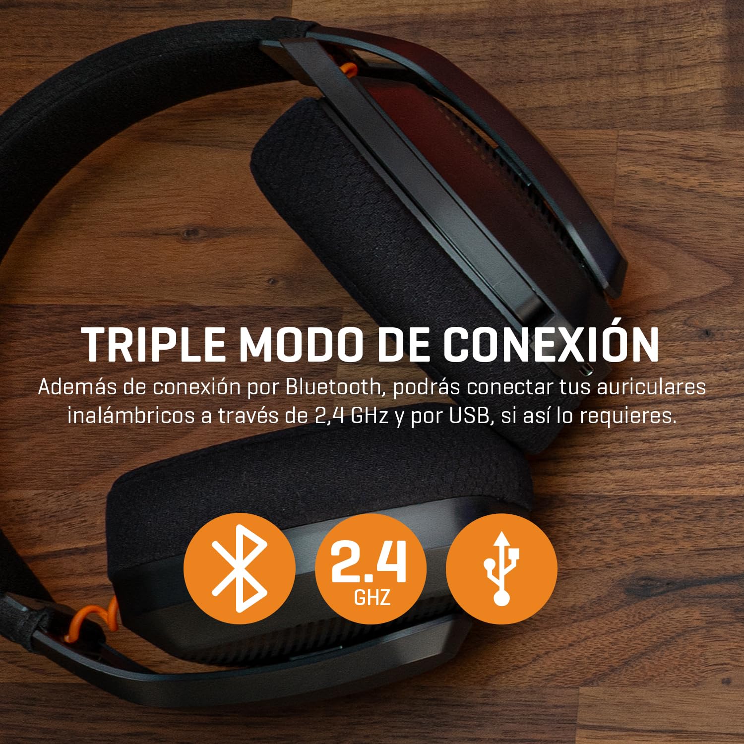 KROM KANJI – Auriculares Gaming Inalámbricos con Conexión Bluetooth 5.3, 2.4 GHz y USB, Drivers 40 mm, Micrófono Omnidireccional, Control Volumen, Mute en Auricular, Diadema Ajustable y Ligera – Negro