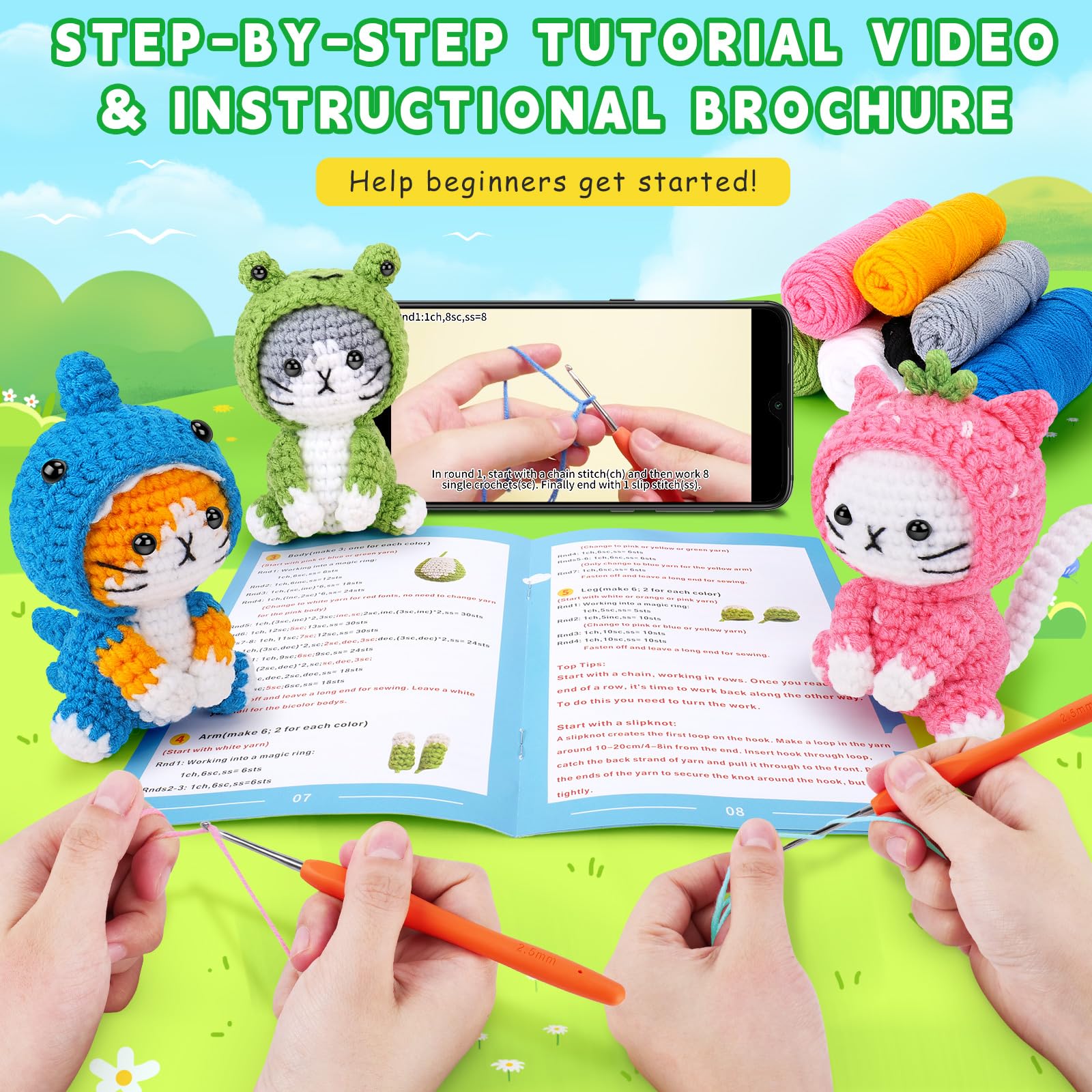 Cat Crochet Kit for Beginners with Video Frog Shark Crochet Kit Cosplay Animal Knitting Kit Crocheted Animal Kits Complete Kitten Crochet Starter Animals Cosplay Set Beginners Crocheted Cat Kit - Image 4