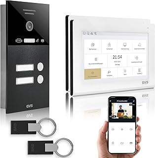 GVS - IP Video Türsprechanlage 2-Familienhaus mit Türöffner (RFID), HD Kamera, 2x7 Zoll Monitor & App - Smarte Video Türklingel mit Kamera & Gegensprechanlage (AVS4466U)
