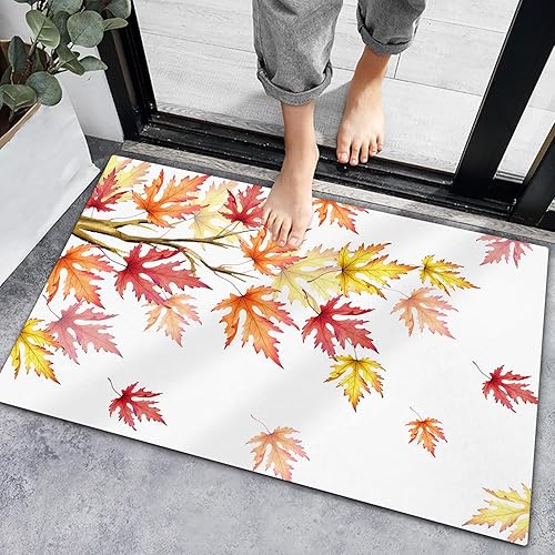 Bath Rugs Entrance Non Slip Front Door Mat Fall Falling Maple Leaves Thanksgiving Kitchen Carpets Farm Tree Deciduous Floor Mats for Bathroom