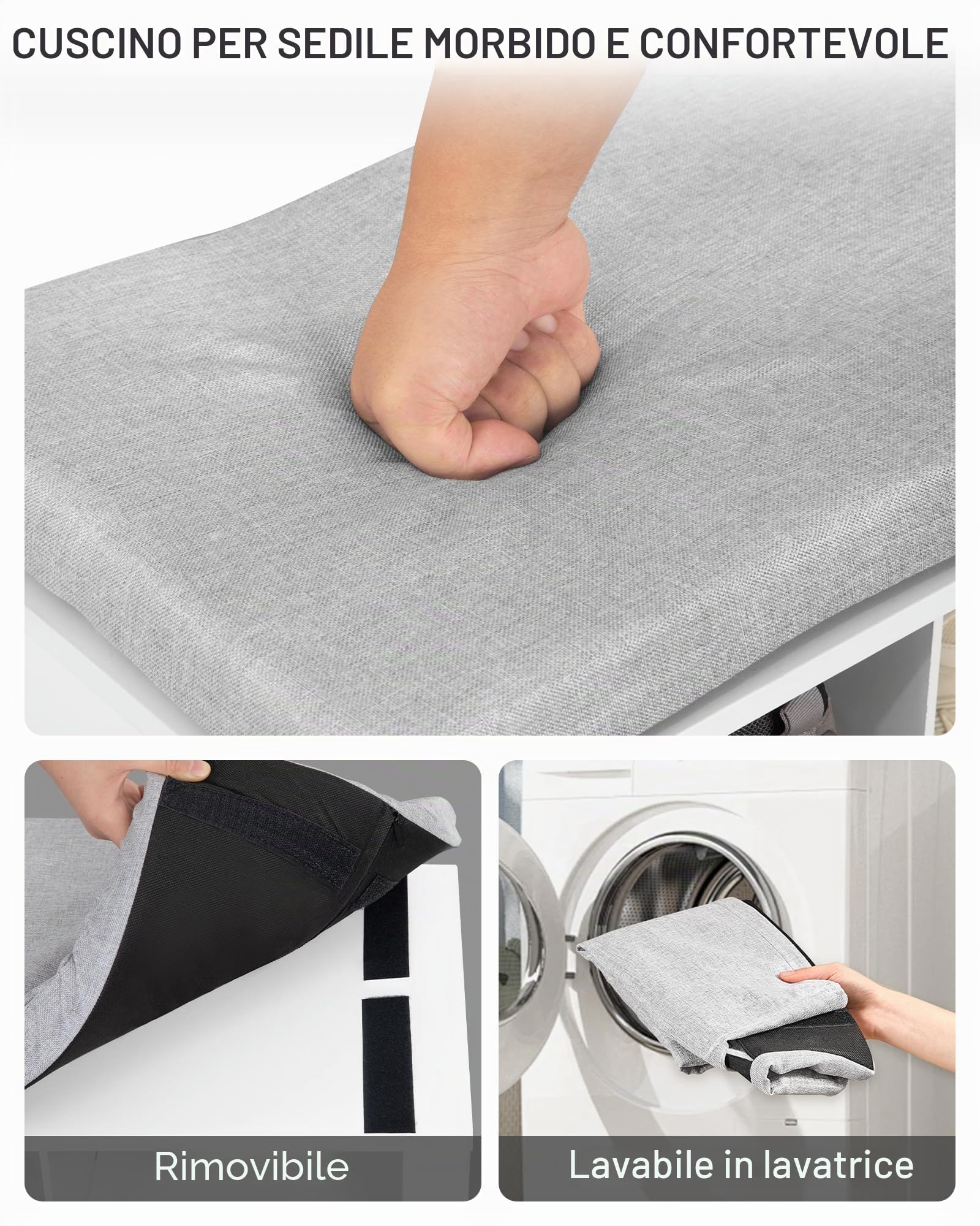 Hzuaneri Panca Scarpiera, 150 cm (w) scarpiera ingresso con Seduta Imbottita e 18 Scomparti, 30 x 150 x 48 cm, per Ingresso, Corridoio, Soggiorno, Camera da letto, Bianco e Grigio SB25703GY