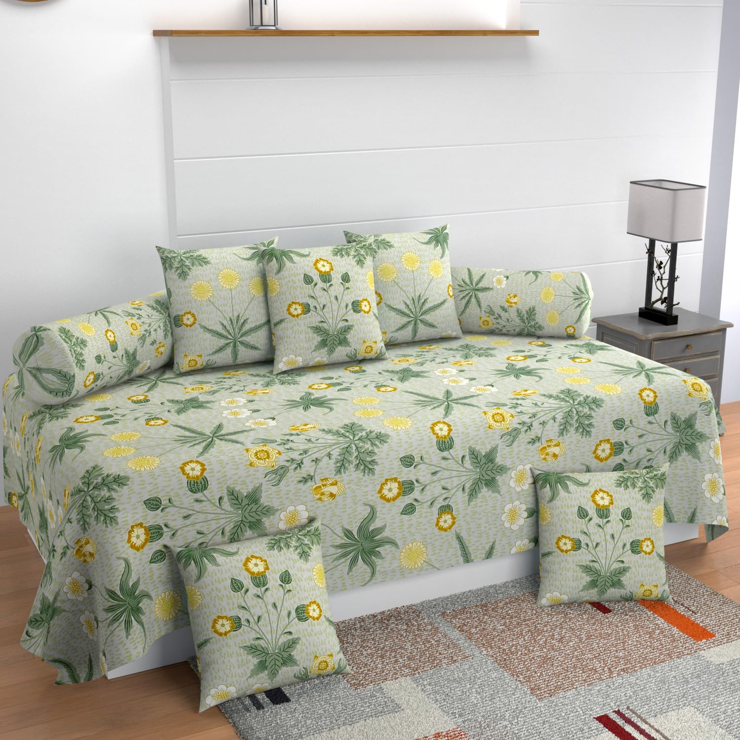MANIQATEX Floral Diwan Set with 5 Cushions and 2 Bolsters, Green and Yellow Botanical Print-image-49
