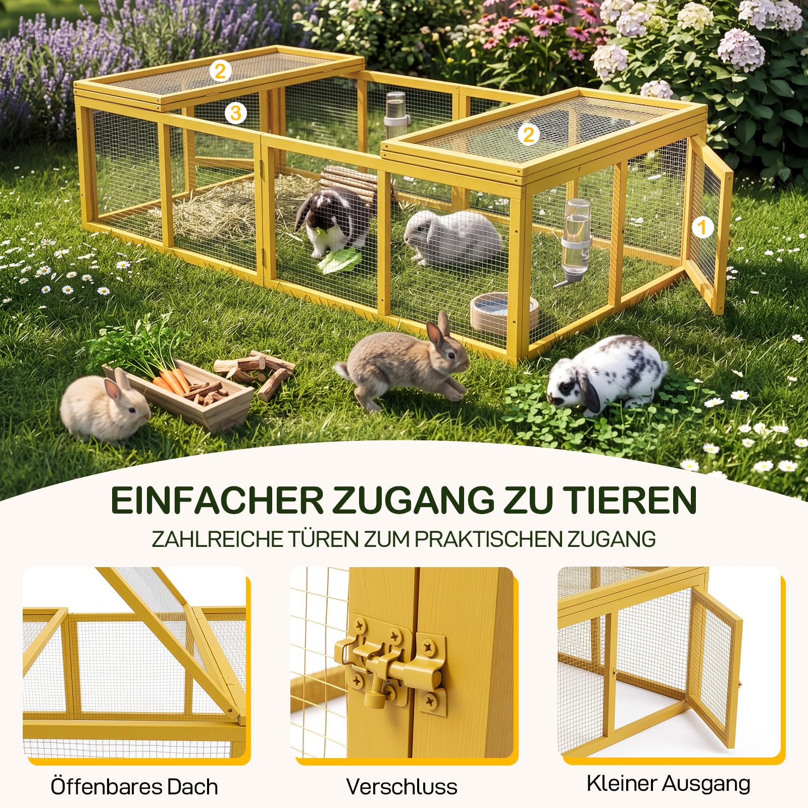 freilaufgehege Holz, kaninchenstall mit klappbarer Abdeckung, 180 x 90 x 48 cm, Großer Raum, geeignet für kleine Tiere zum Herumstreifen im Freien, Gelb