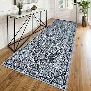 KUTA Washable Kitchen Runner 3x8, Non Skid Washable 8 ft Navy Blue Runners, Printed Vintage Distressed Floral Area Rugs Ultra Soft Carpet for Bedroom Living Room