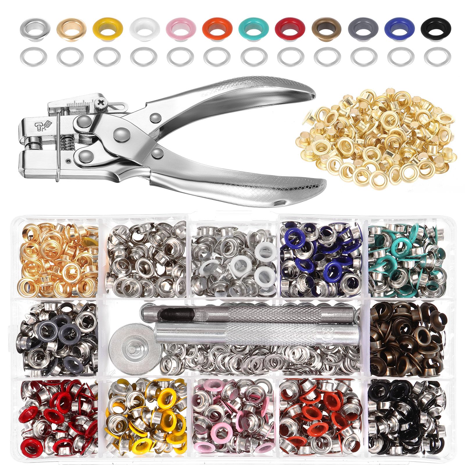 Kinsinder Set di pinze per occhielli da 5 mm, 13 colori, 700 pezzi, set di occhielli per risparmiare lavoro, per teloni, con scatola, adatte per tessuti fai da te, pelle, tende, tela cerata