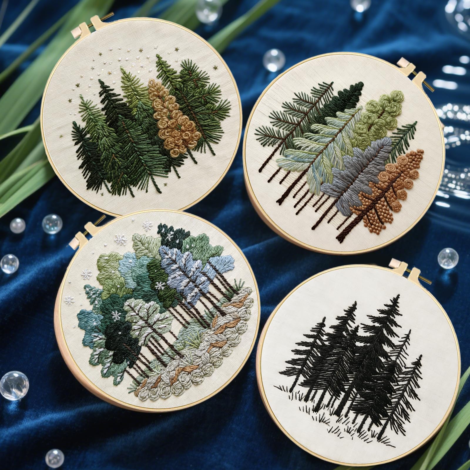FREEBLOSS 4 Stickset Für Anfänger Nadelspitzenstickerei Starterset Mit Vorgedrucktem Waldlandschaftsmuster Anleitung Farbige Fäden 2 Creolen 7.9"/20cm