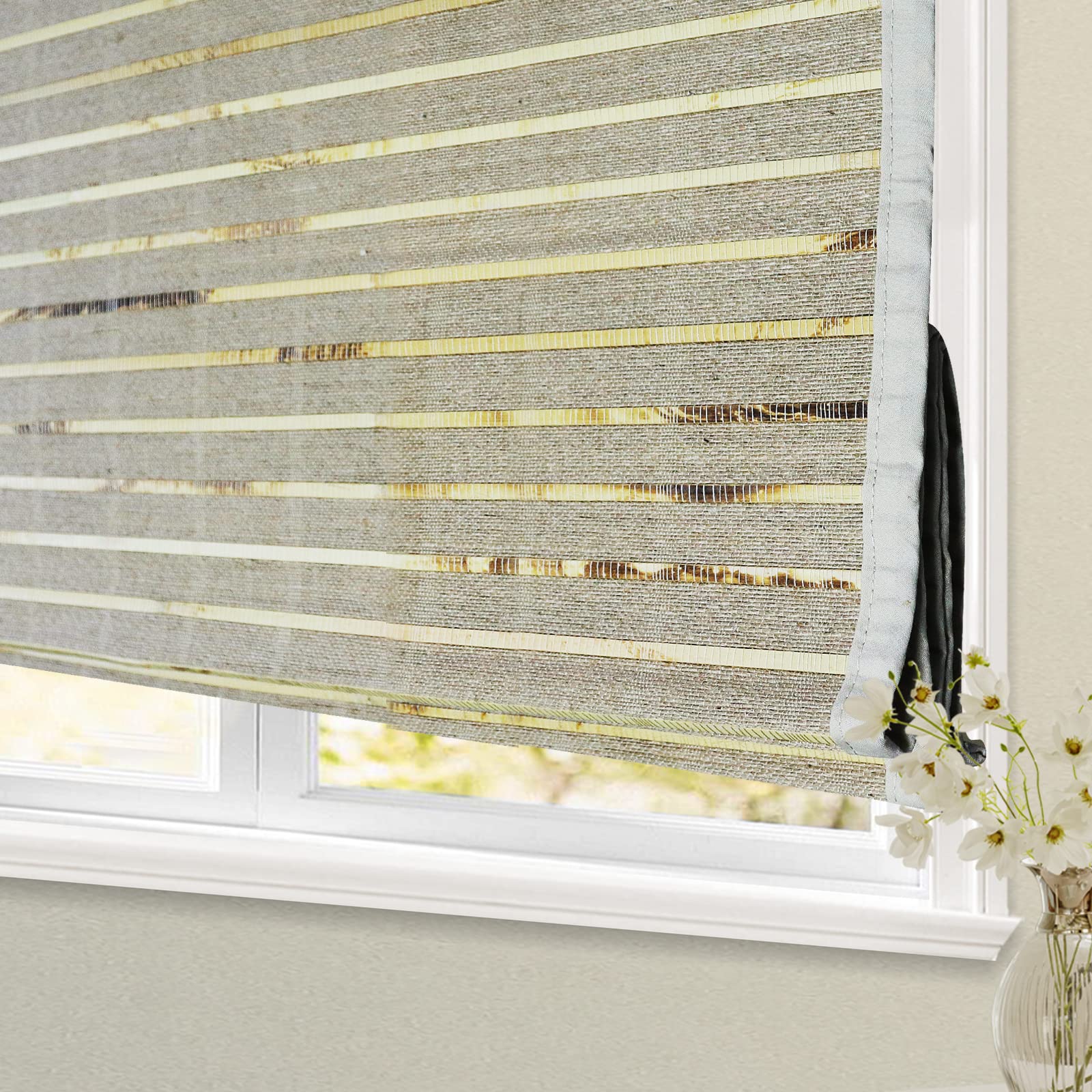 Blackout Cordless Blinds Bamboo Roman Shades, Custom Window Shades with Borders, Natural 100% Bamboo and Linen Blinds for Windows, Pattern 022