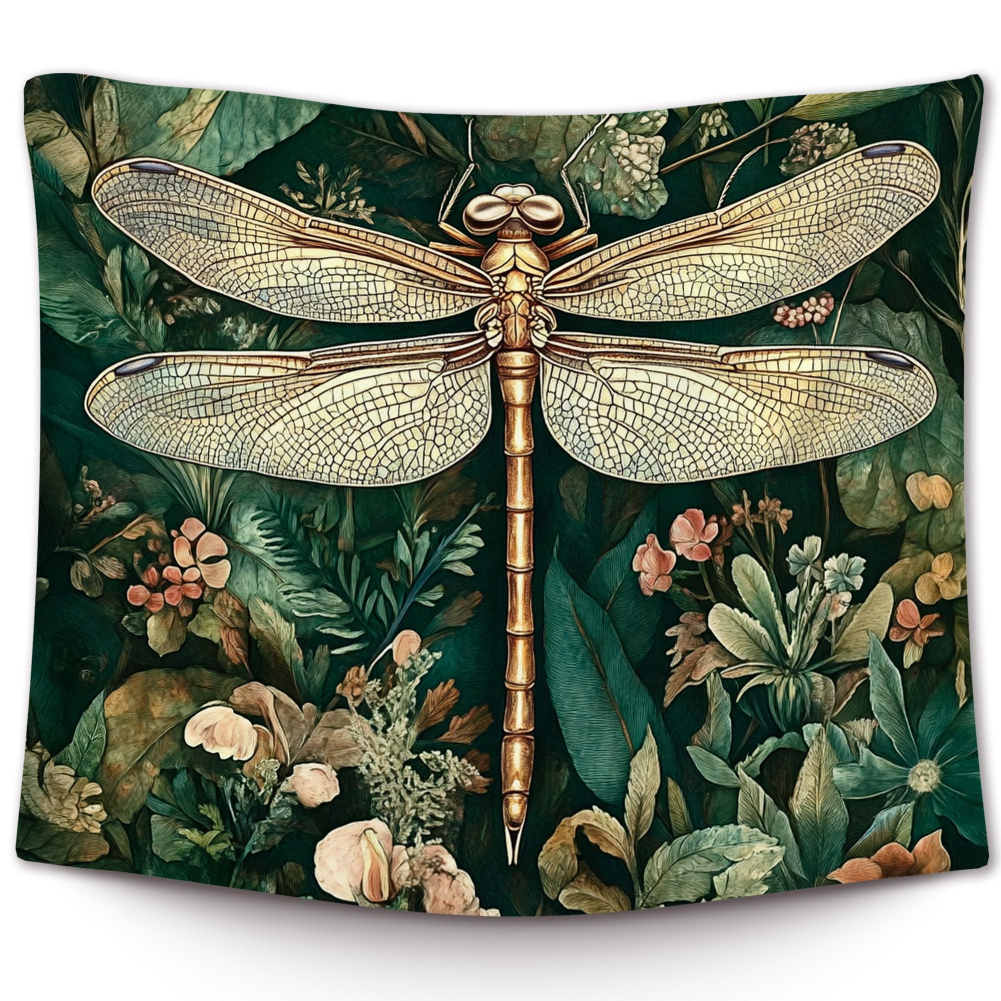 XLDLIOO Vintage Dragonfly Floral Wall Tapestry, Rustic Green Wall Tapestry Hanging for Bedroom Girly Room, Retro Botanical Flower Tapestries Wall