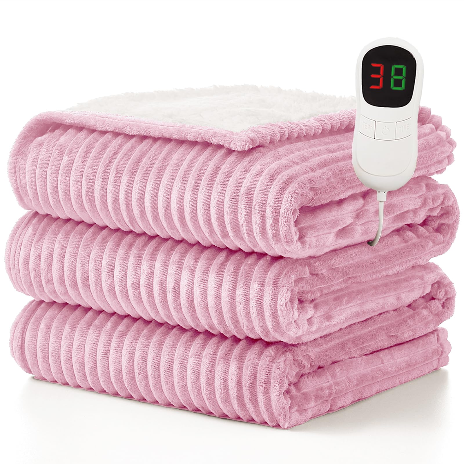 Homemate Striped-Pink Electric Blanket Heated Throw - 130X160cm, 1/2/4/6/8 Hours Auto-Off 10 Heat Levels Over-Heat Protection Soft Flannel Sherpa Washable Blanket Pink