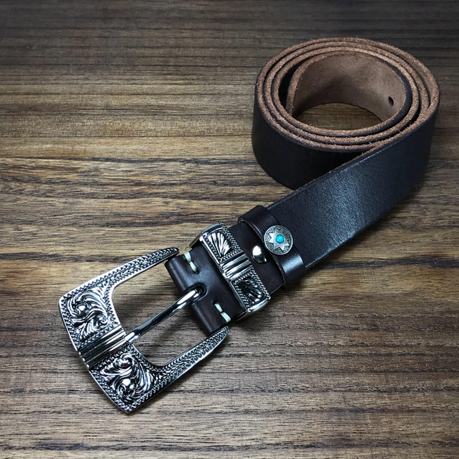 Cintura Uomo Fibbia ad Ardiglione Western, Cinture da Cowboy Occidentale in Pelle, Cintura Vintage Regolabile per Jeans con Fibbia in Metallo,Nero,105CM/41.3''