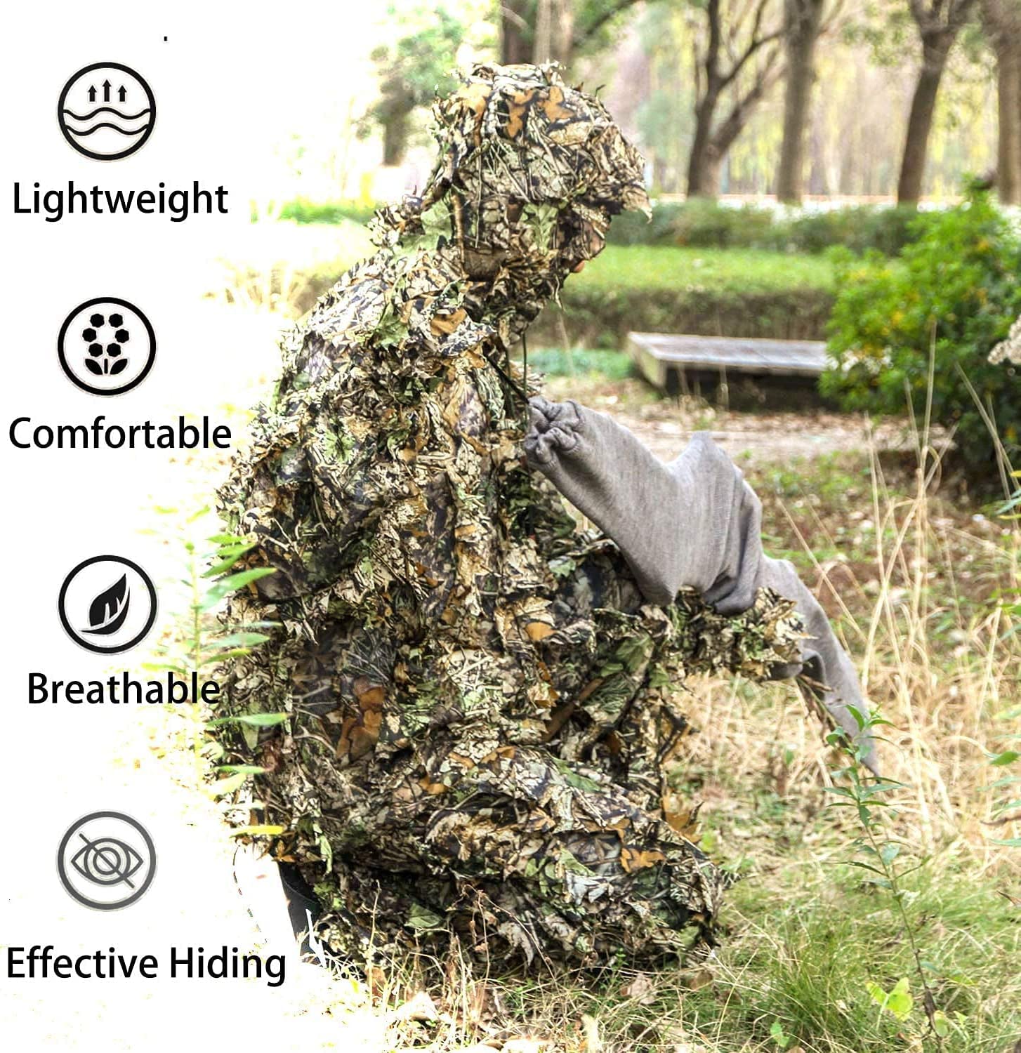 3D Ghillie Suit, Tarnanzug Dschungel Camouflage Bionic Design leicht Blättern Tarn Kleidung Hose Jacke Set mit Kappen für Jagd Airsoft Outdoor Militär Verdeckt