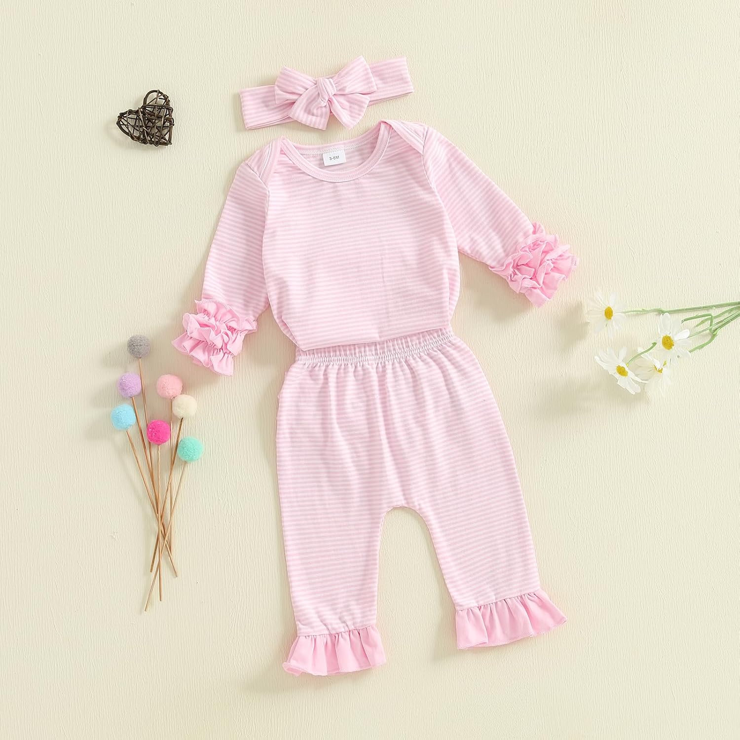 Newborn Baby Girl Clothes Ruffles Striped Long Sleeve Romper Bodysuit Elastic Pants Set Cute Fall Winter Outfits - Image 6