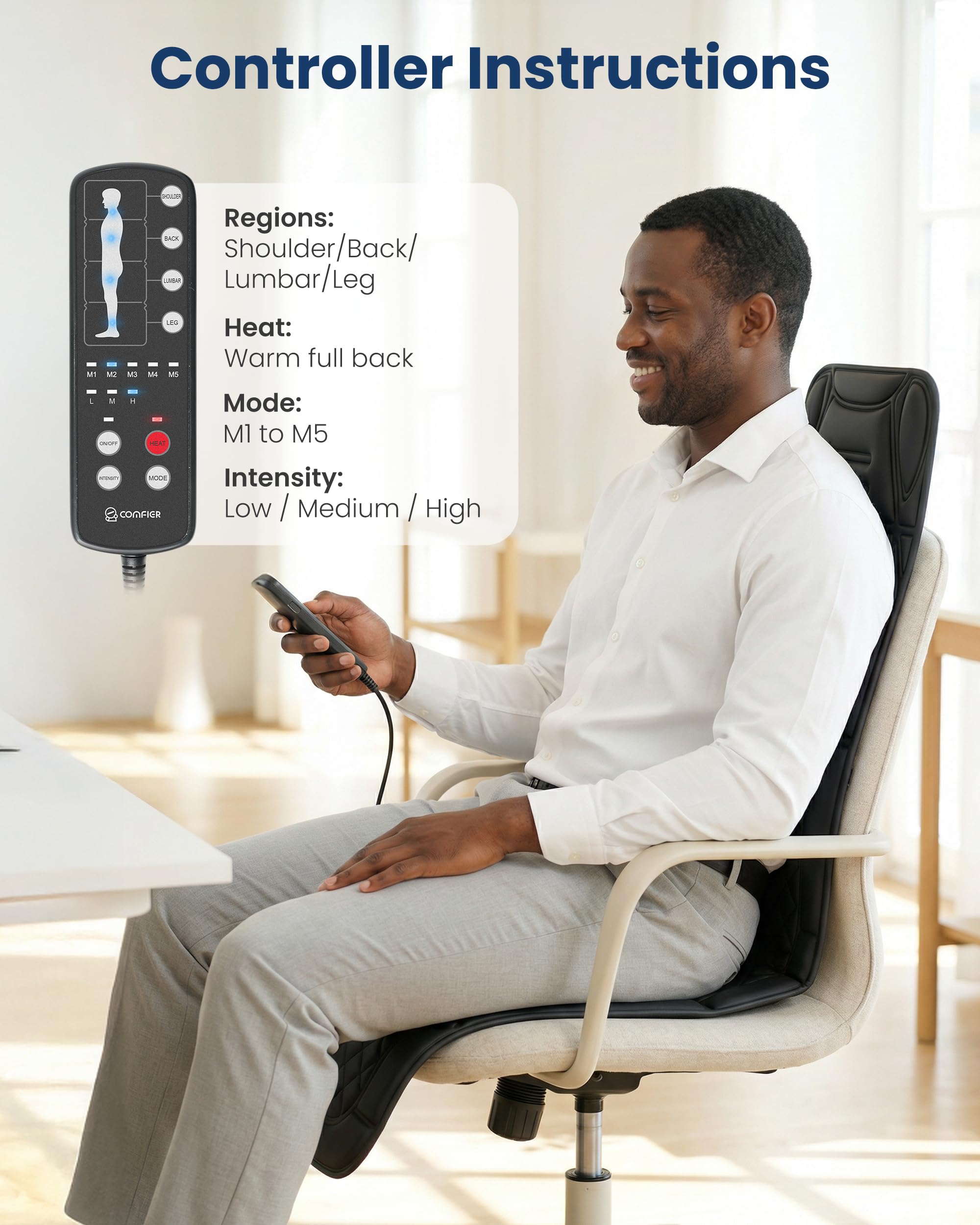 COMFIER Colchoneta de Masaje Cuerpo Completo con Función de Calor, Masajeador de Espalda con Masaje por Vibración, 10 Motores de Vibración, 5 Modos de Masaje y Función de Apagado Automático, Regalo