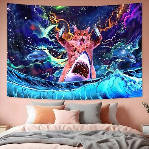 Miniatura 2 de SAOLUIS Tapiz de gato con luz negra, divertido tapiz de gato para dormitorio de niños, lindo gato con pez, tapiz de pared reactivo a los rayos UV