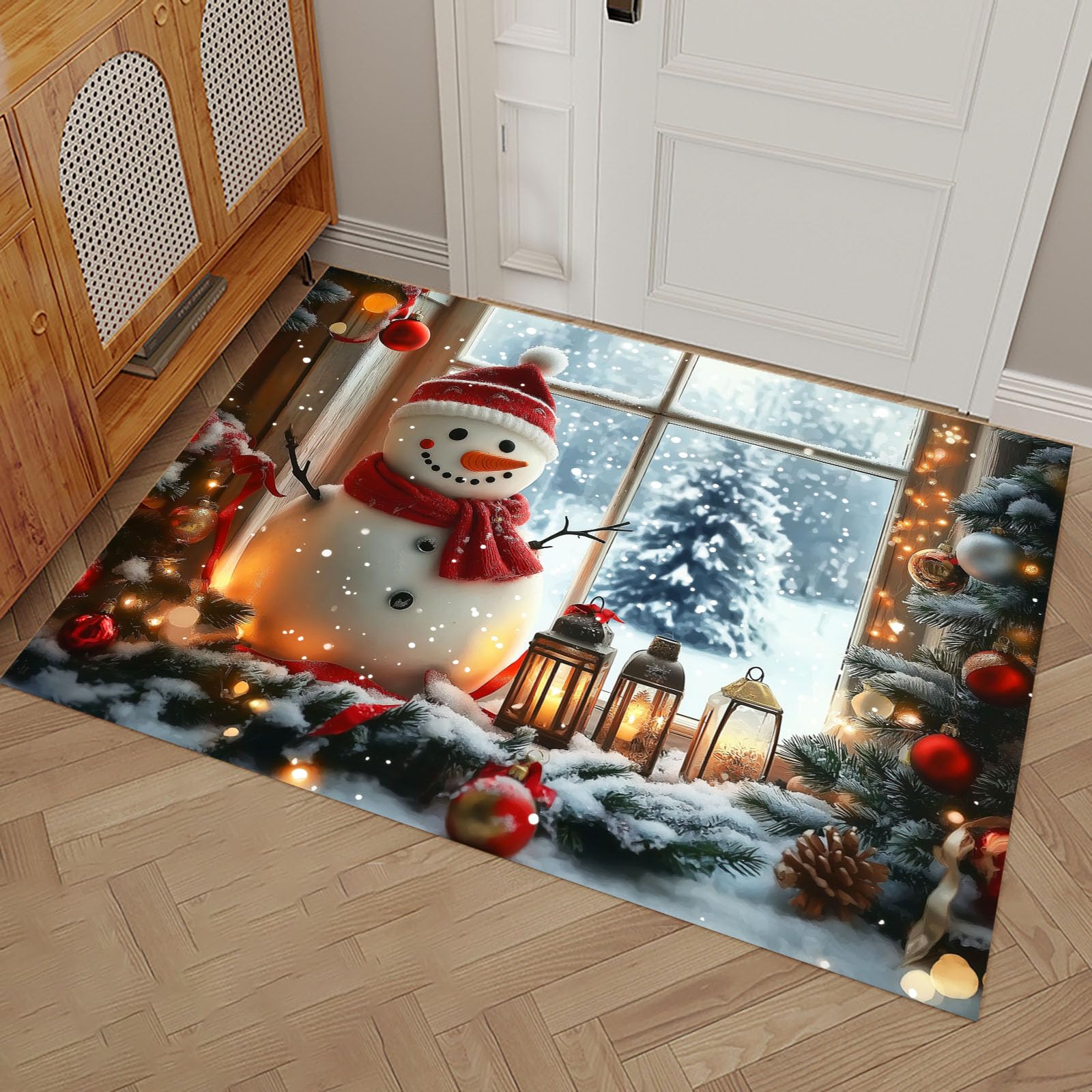 Felpudo Alfombra de Entrada Lavable, Decoraciones Navideñas Interior Muñeco De Nieve Farolillos Pequeña Alfombra Antideslizante Suave Superfina para Cocina Baño Dormitorio 90x150cm, Blanco grisáceo