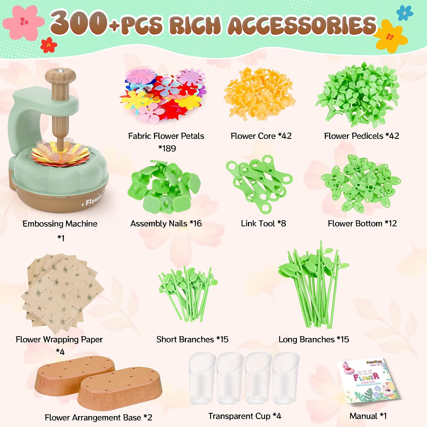 GirlsHome 300+PCS Fabric Flower Bouquets Toys, DIY Flower Craft Kits for Kids, Reusable Flower Maker for Kids, Educational Preschool Toy, Flower Toys Birthday Gifts for 4 5 6 7 8+ Year Old Toddler