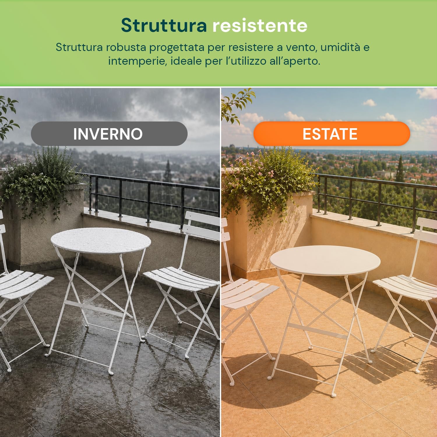 Avilia - Set Tavolo e 2 Sedie da Giardino Pieghevoli – Tavolo Rotondo Ø60 cm, 2 Sedie, Ferro | Tavolo e Sedie da Esterno, Tavolo 150 kg, Sedie 100 kg, Chiudibile, Balcone e Terrazzo (Bianco)