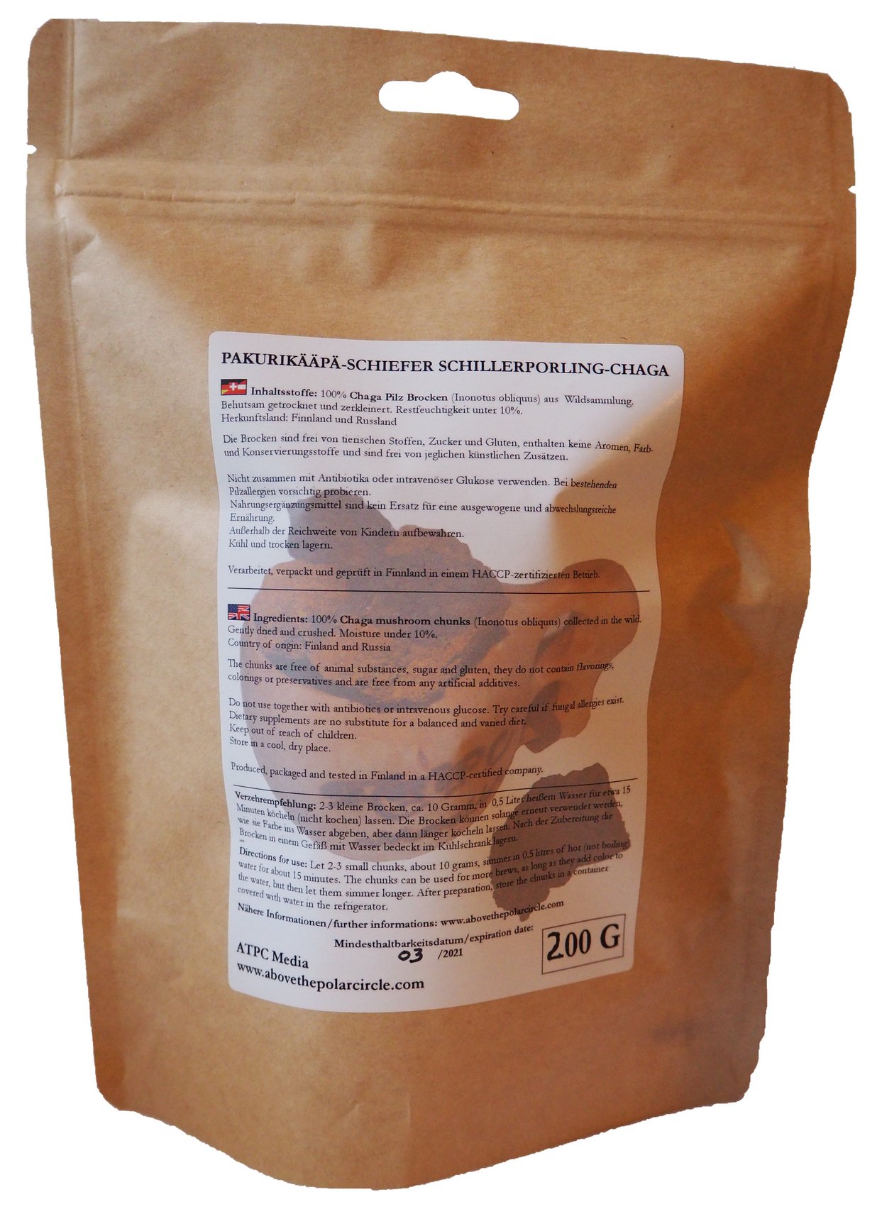 ATPC Media - Chaga Brocken aus Lappland - Finnische Wildsammlung 200 Gramm, ideal für Chaga Pilz Tee und Chaga Pilz Kaffee, aus den sauberen und weiten Wäldern Lapplands