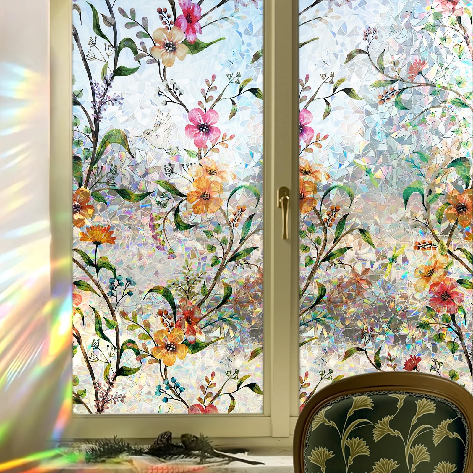 DARUITE Stained Glass Window Film, Floral Window Film Privacy, Static Cling without Glue Anti UV Decorative Privacy Film for Glass Windows for Home, Office 44x200cm