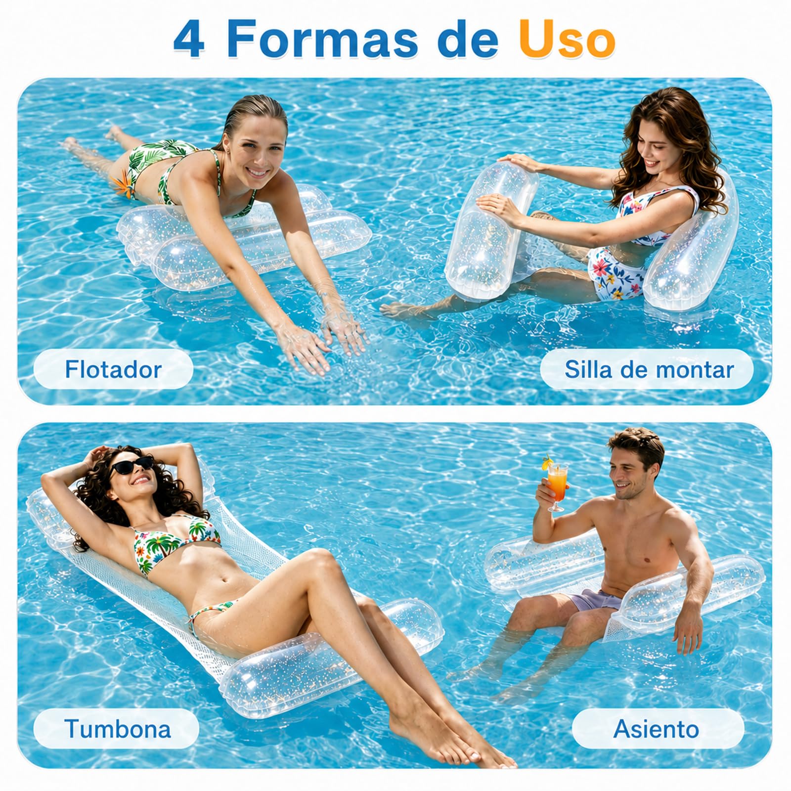 CYFIE Colchoneta Piscina 4 en 1, Hamaca Inflable Adultos 110x68cm, Flotadores Hinchables para Piscina con Asiento para Sentarse Tumbarse Montar y Derivar en Agua, Plegable con Bomba y Parche