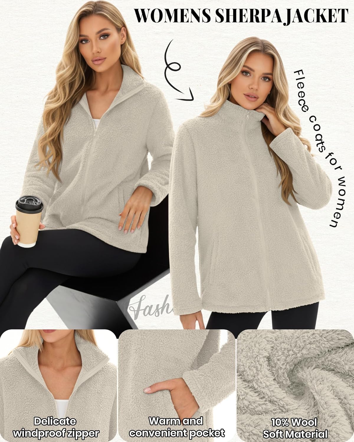 Womens Fleece Jacket Fuzzy Faux Shearling Coat Sherpa Jacket Long Sleeve Full Zip Warm Winter Outwear with Pockets(Apricot,Small) - Image 5