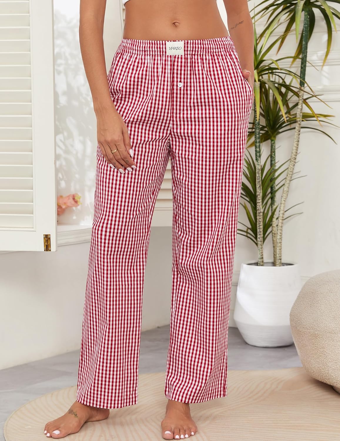 Womens Pajama Pants Cotton Plaid Lounge Pants Y2K Pj Bottoms Drawstring Sleepwear With Pockets S-3XL - Image 2