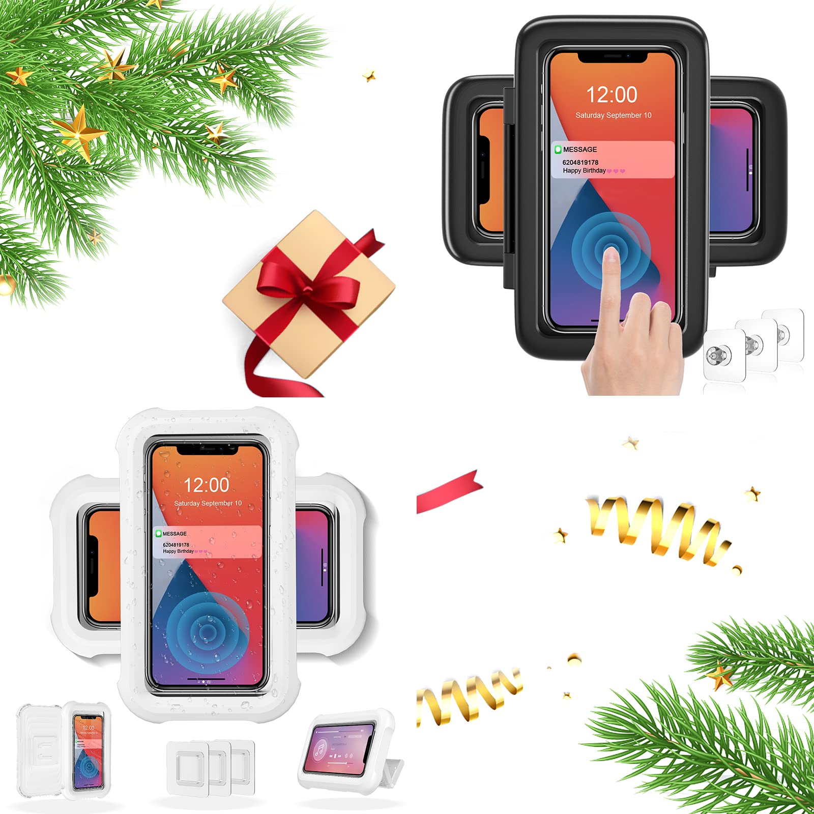 LC-dolida 2 Pcs Black Shower Phone Holder Waterproof White Phone Case Bathroom Wall Mount for iPhone 14 13 12 11 Pro Max XS XR up to 6.8" Cell Phone