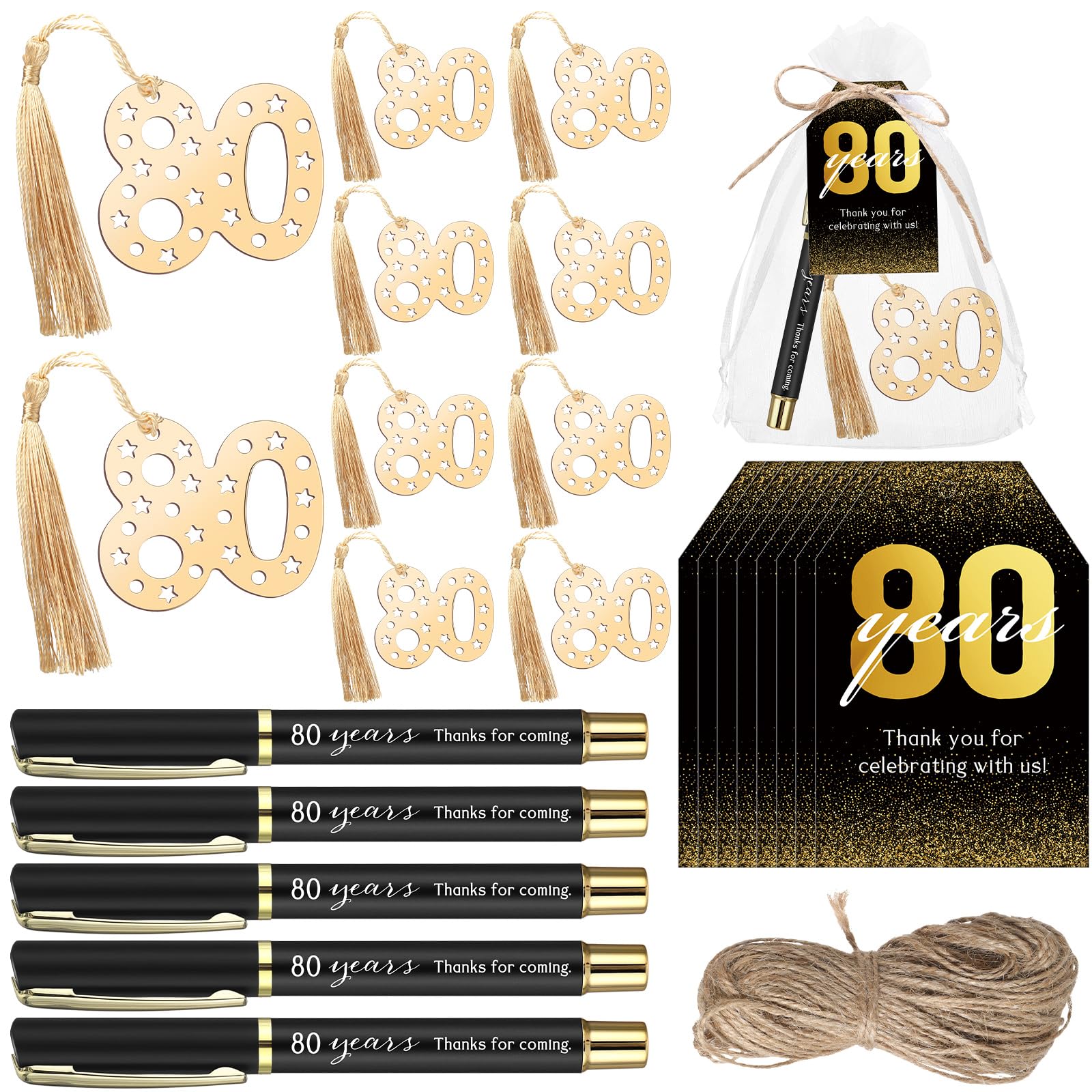Spakon 25 Set 80th Birthday Party Favor Golden Bookmark with Pen and Tag