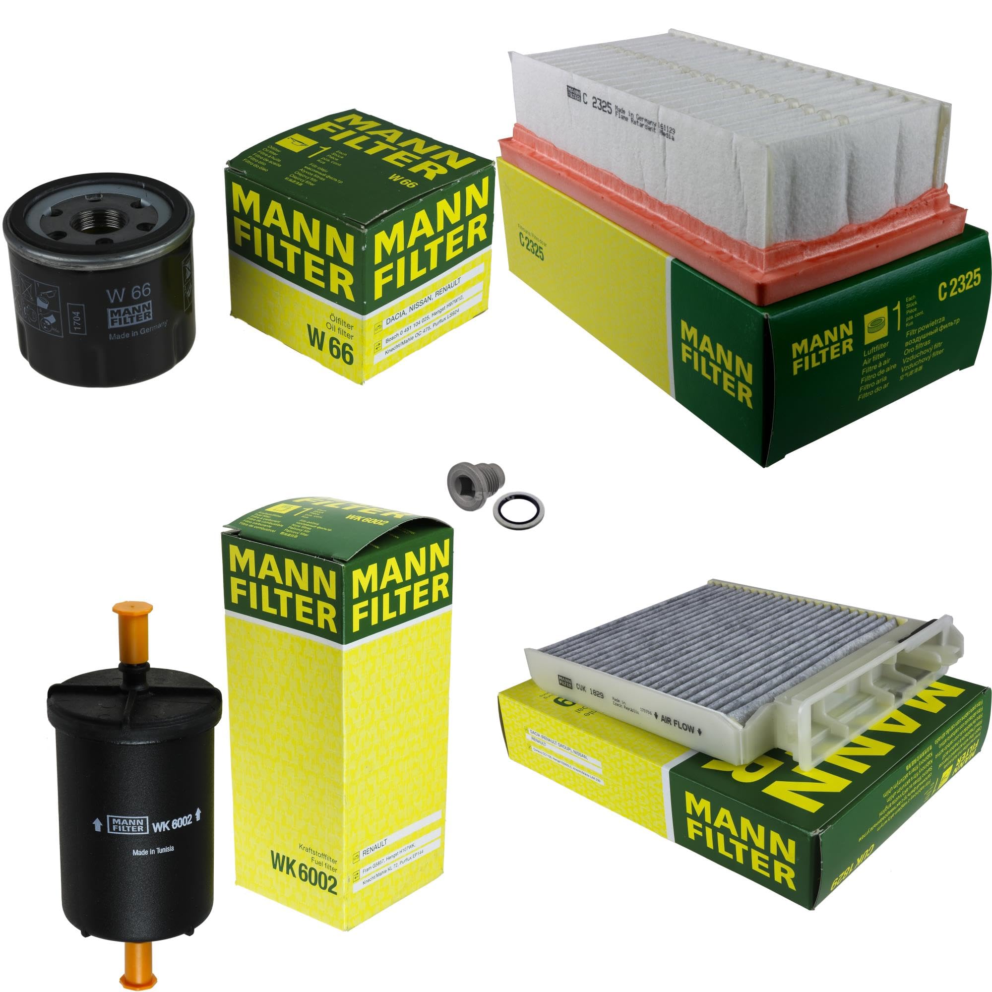 Paquete de inspección Kit de mantenimiento de filtros con filtro de aceite W 66, filtro de aire C 2325, filtro de combustible WK 6002, filtro de habitáculo CUK 1829, tornillo de cierre
