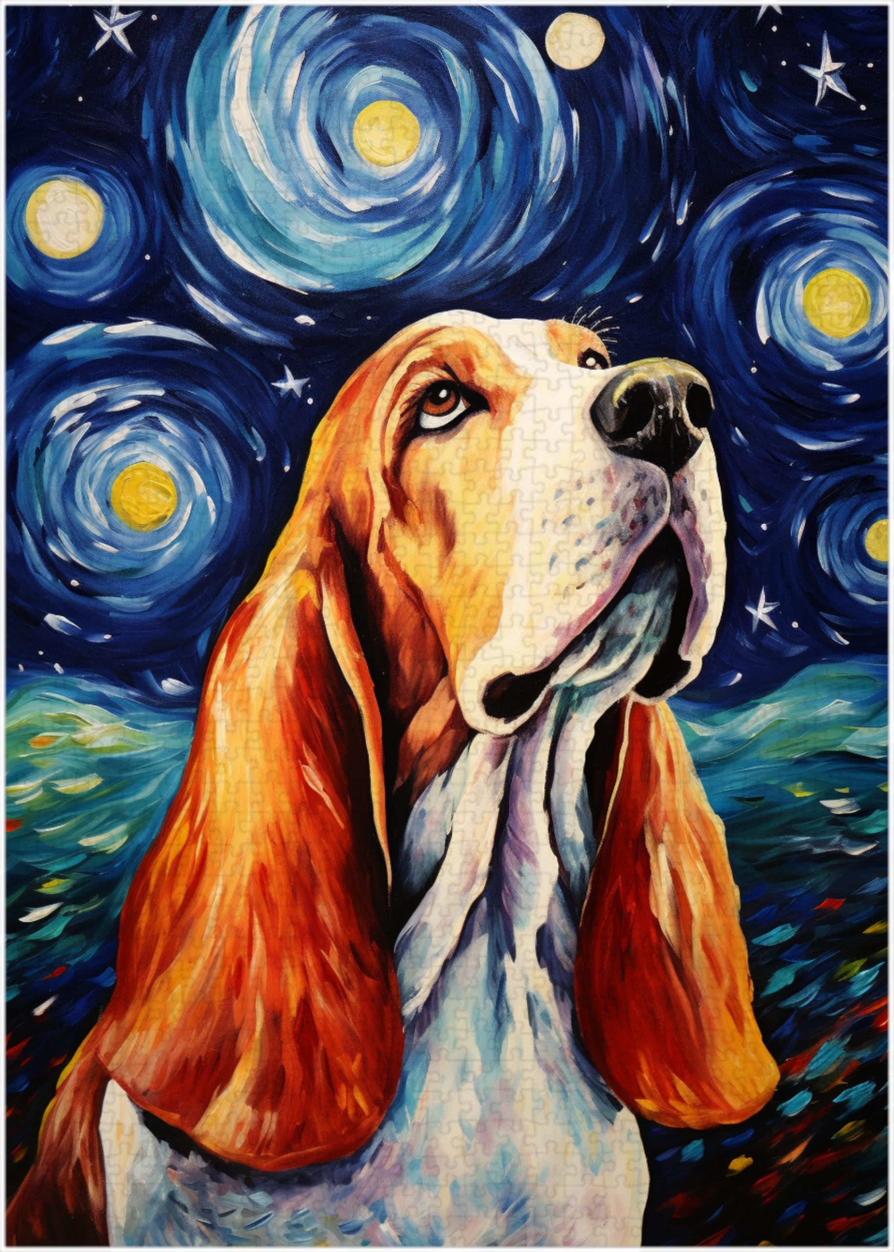 Starry Night Basset Hound Jigsaw Puzzle 1000 Pieces for Adults - Glow in The Dark Puzzle Gift for Basset Hound Lovers - 1000pc Glowing Lights Decor Puzzles (50x70cm / 19.685"x27.559")