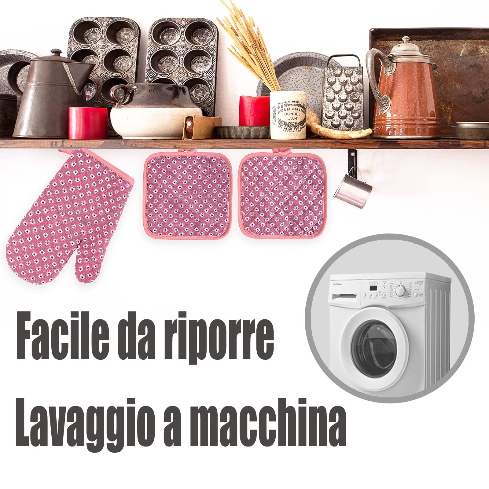 Set Cucina: 1 Guanto E 2 Presine In Cotone Con Stampa Fiori - Resistenti Al Calore Per Forno E Barbecue - Foto 7