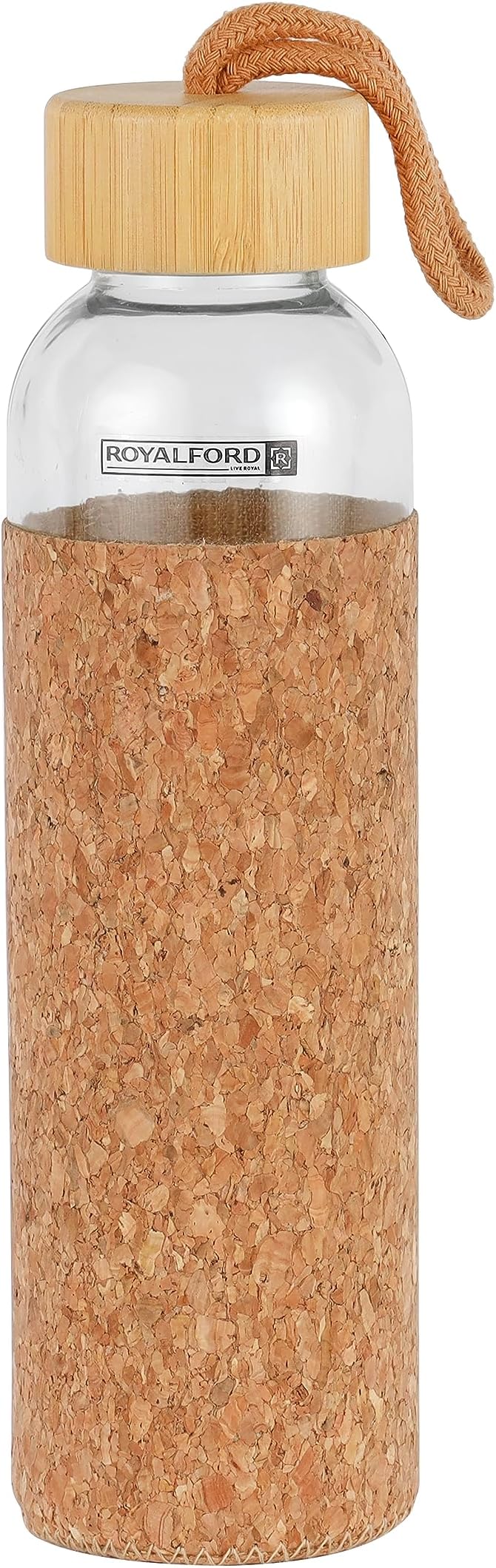 Royalford Royalford 500 ML Water Bottle- RF11925| Transparent Glass Bottle with Bamboo Lid and Removable Cork Sleeves| Water Bottle for Home, Office and Gym| Leak-Proof and Eco-Friendly|