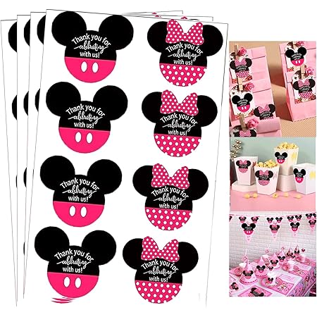 Mickeys/Minnies Mouse Stickers Vinyl Chalkboard Stickers "Thank You for Celebrating with Us" Labels 2.38x2 Inch PVC Mickey Stickers-400 Pcs Minnie Mouse Head Stickers for Birthday Baby Shower Party