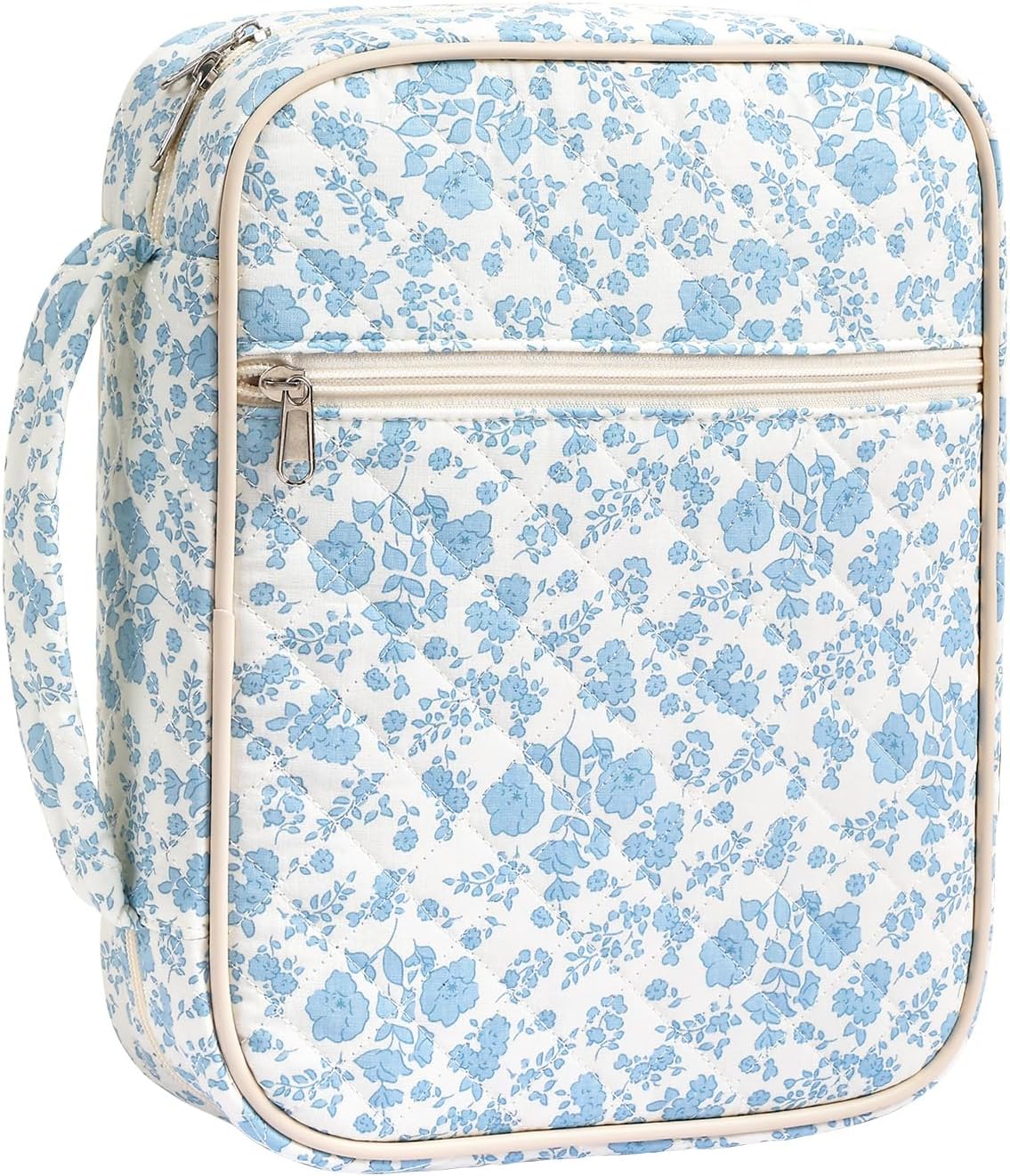 Large Bible Cover Case for Women,Bible Bag,Floral Bible Storage Bags with Zipper Pocket and Handle Quilted-whiteblue(without Pen? L(12.20 *9*3.14 IN)