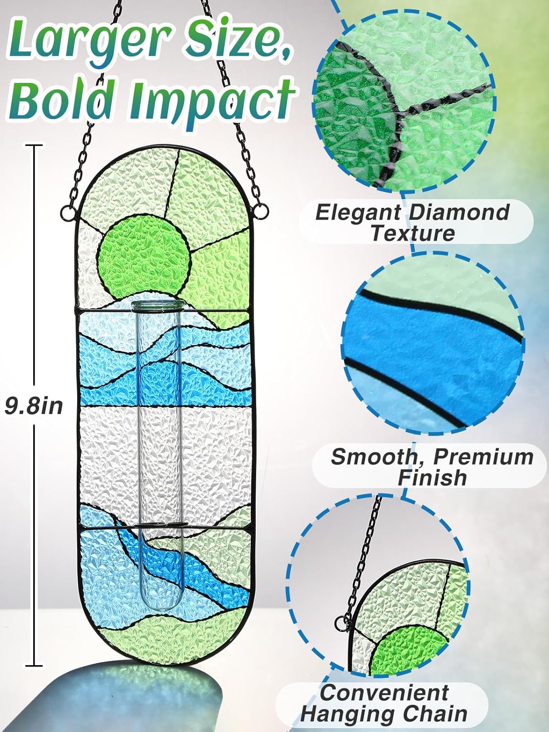 Stained Glass Plant Propagation Stations - Handmade Sunshine Catcher Hydroponic Planter Window Hanging with Glass Tubes, Terrarium Decor Gifts for Women Mom Plant Lovers, Green - Image 5