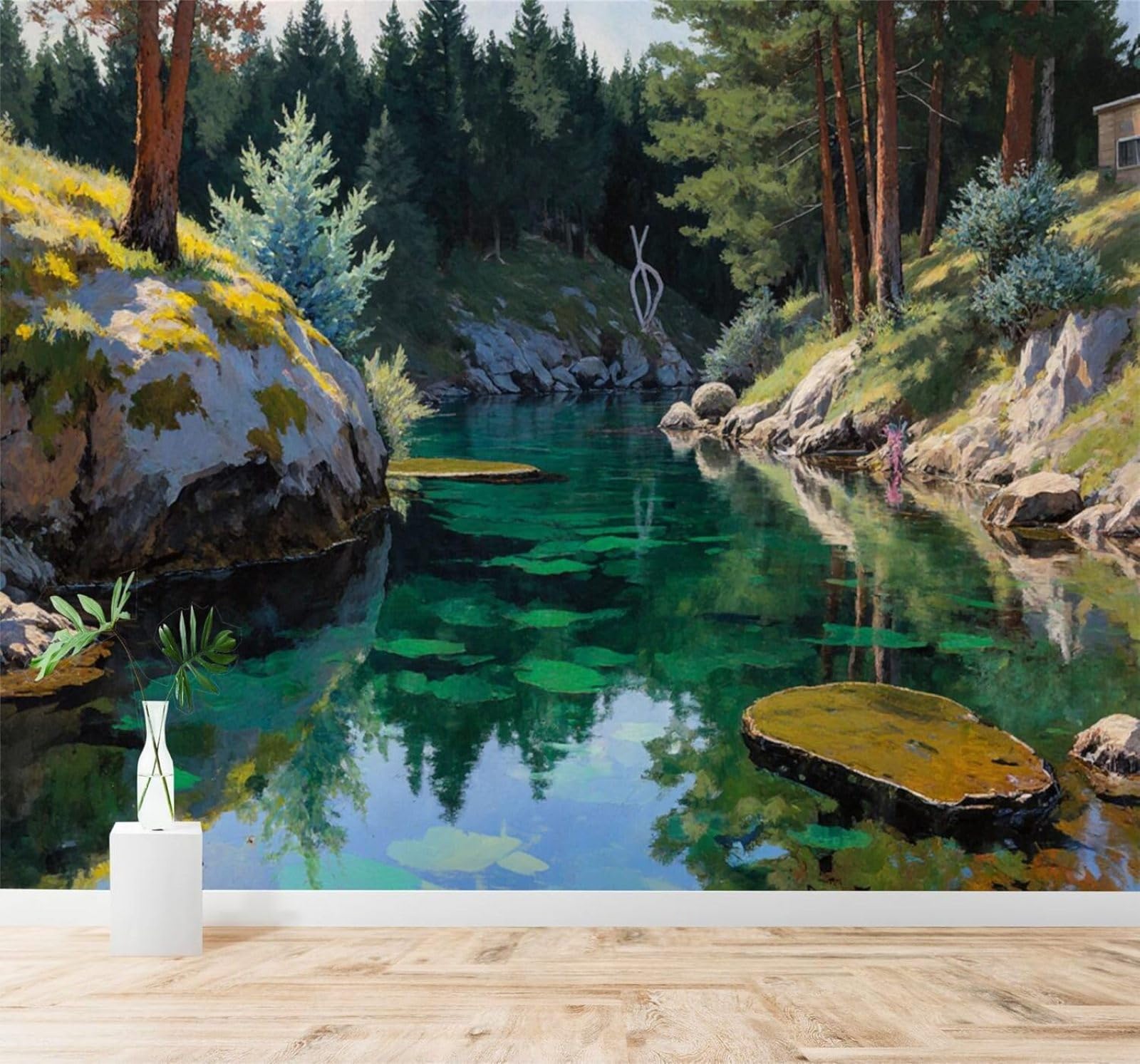 Xlming 300Cm×210Cm(B×H) Serene Forest River Rocks Reflections Natural Scenery 3D Wallpaper Silky Texture Home Study Office Grey Dining Room Sofa Bedroom Living Room Tv Backdrop-300Cm×210Cm