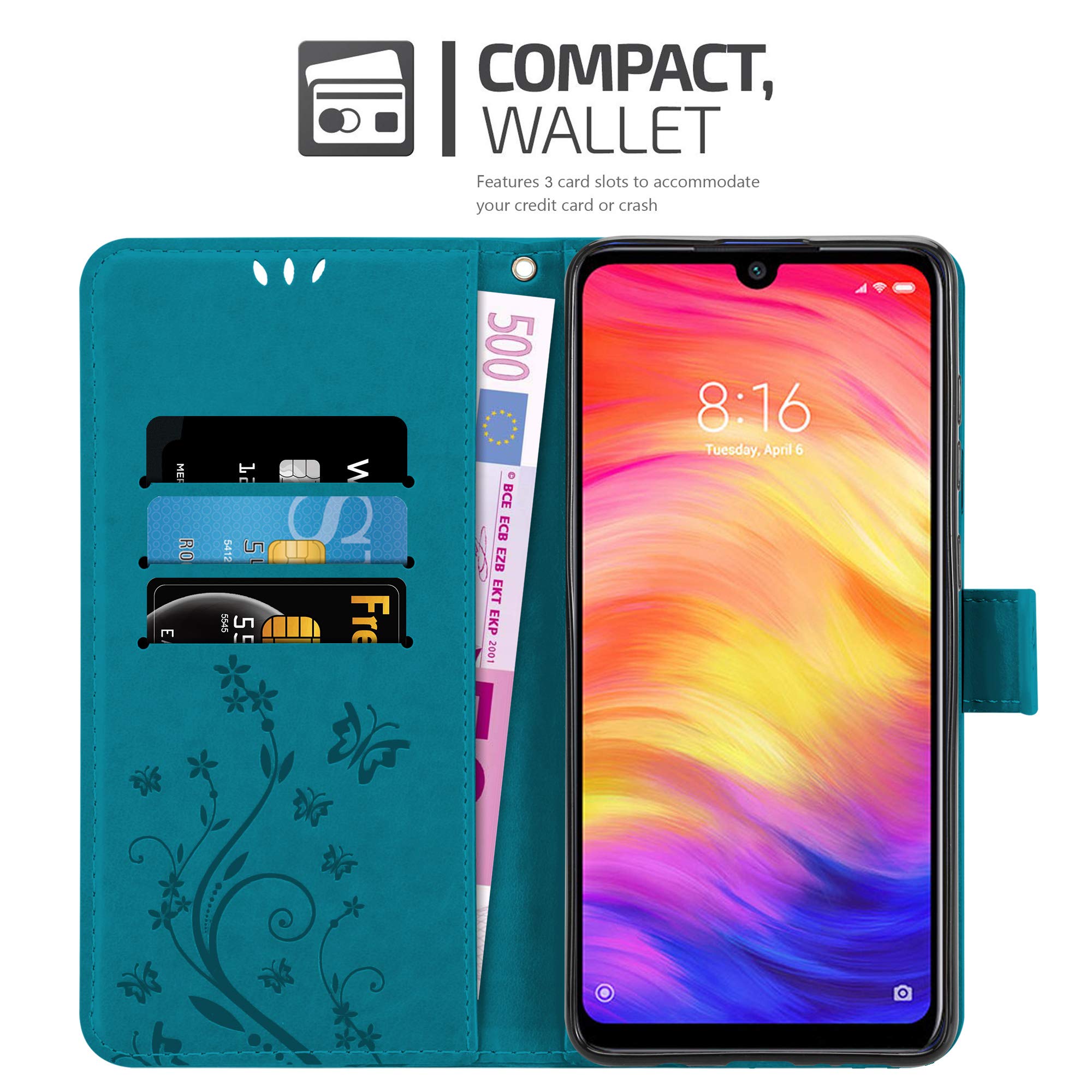 Cadorabo Cover A Libro Per Xiaomi Redmi Note 8 – Fantasia Floreale Turchese Con Chiusura Magnetica, Porta Carte E Funzione Stand - 3