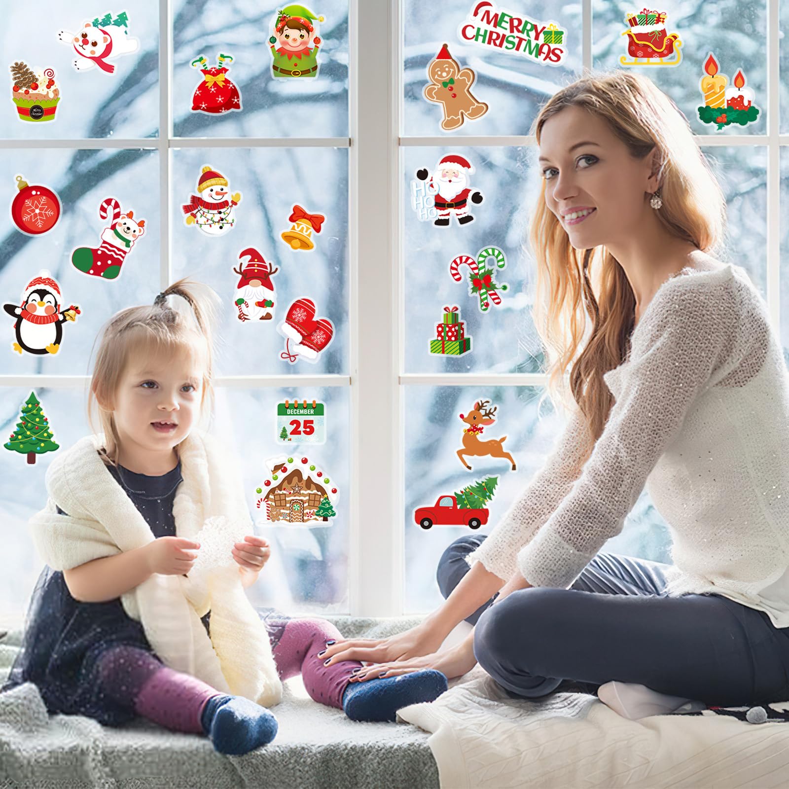 MARFOREVER 25 x Weihnachts-Fenster-Gel-Aufkleber, abnehmbar, wiederverwendbar, Winter-Fensteraufkleber, Aufkleber für Kinder, Klassenzimmer, Zuhause, Weihnachten, Urlaub, Party, Dekorationen (25